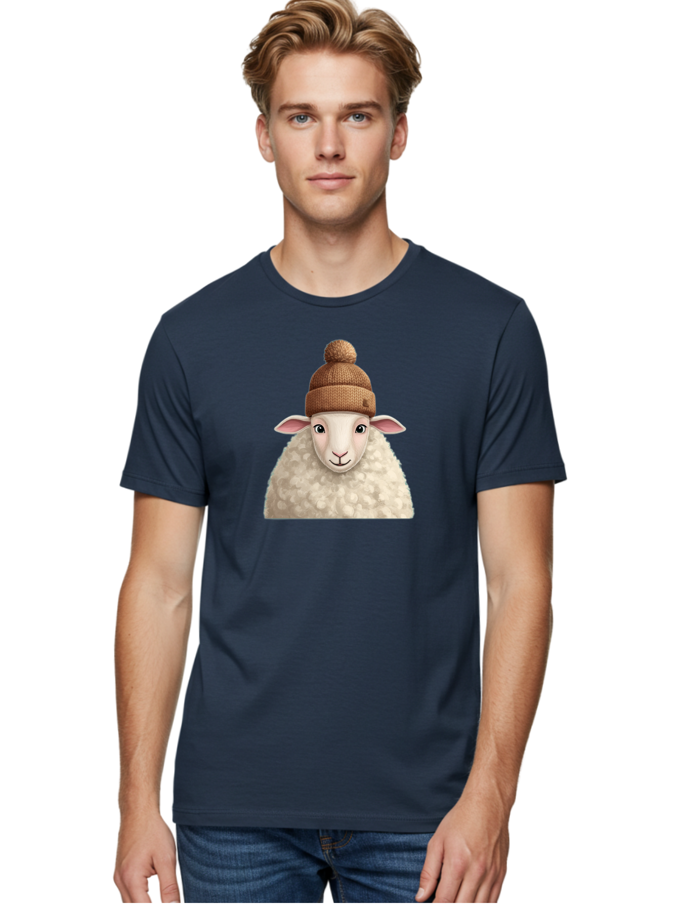 Sheep-With-Beanie Men'S Graphic Tee, 100% Cotton, Comfortable Casual Summer Wear, Machine Washable, Cartoon Sheep, Fluffy Sheep, Sheep Wearing Beanie, Winter Accessories, Cute Animal, Sheep Character, Playful Illustration, Sheep In Hat Bad559