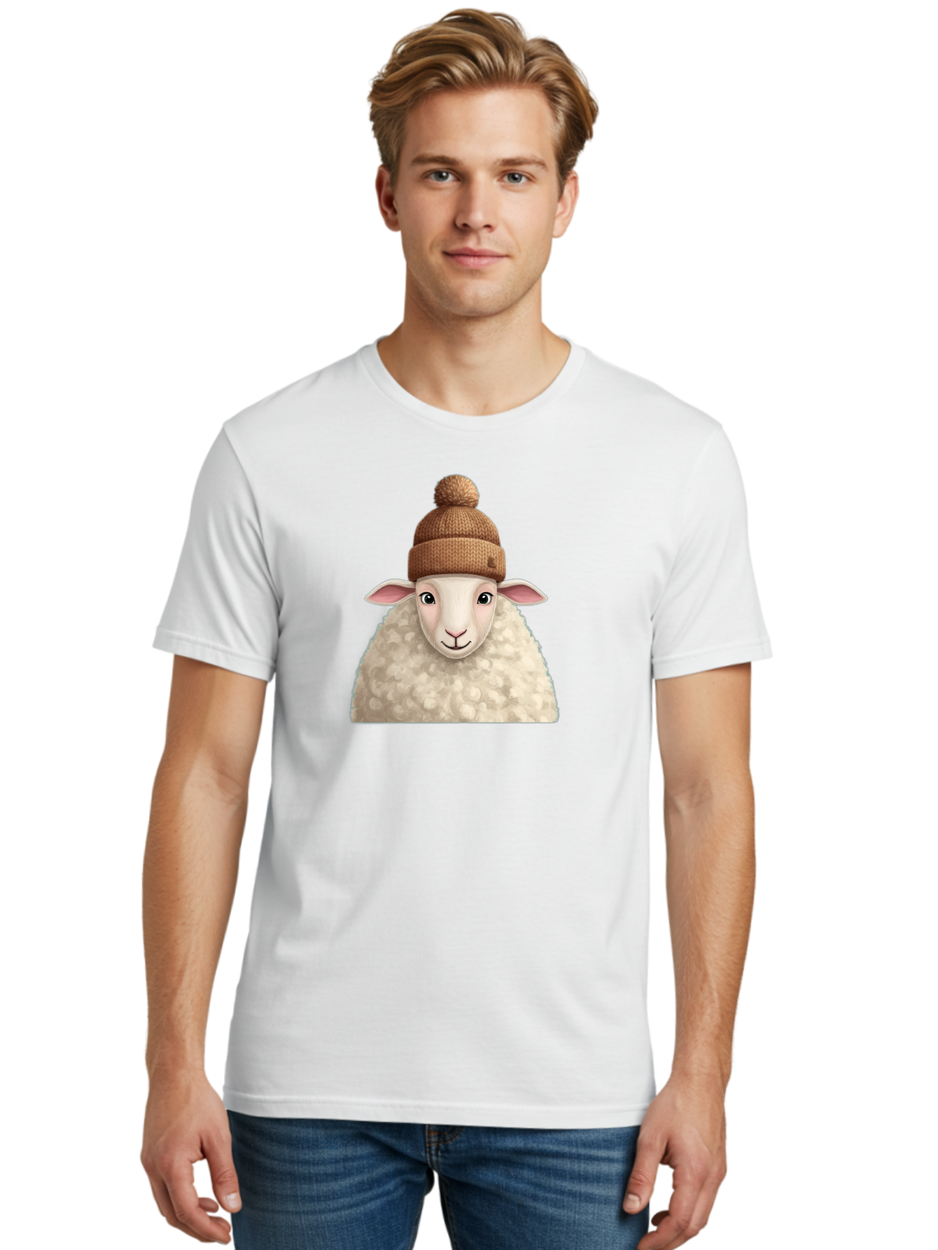 Sheep-With-Beanie Men'S Graphic Tee, 100% Cotton, Comfortable Casual Summer Wear, Machine Washable, Cartoon Sheep, Fluffy Sheep, Sheep Wearing Beanie, Winter Accessories, Cute Animal, Sheep Character, Playful Illustration, Sheep In Hat Bad559