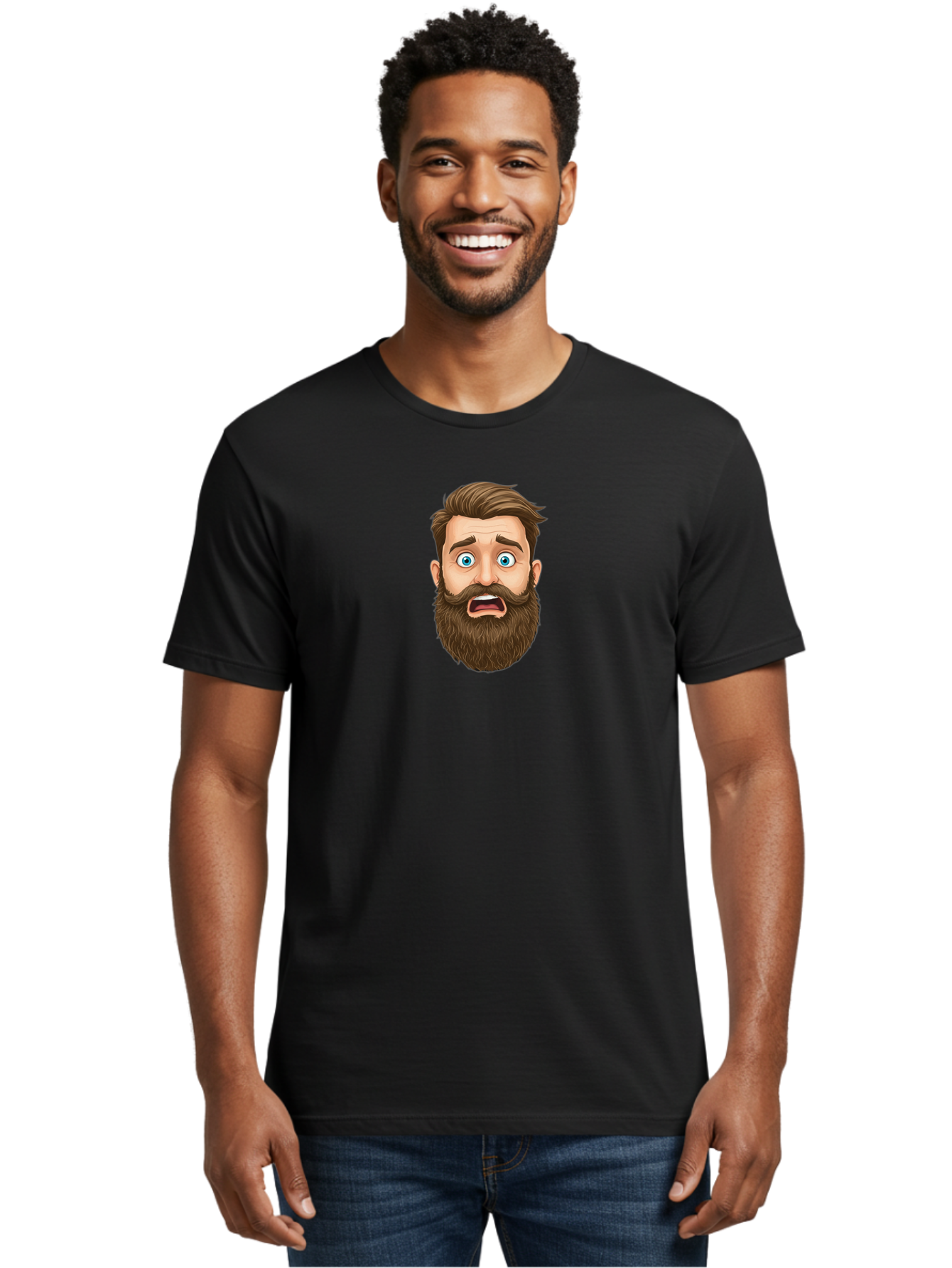 Shocked-Bearded-Man Men'S Graphic Tee, 100% Cotton, Comfortable Casual Summer Wear, Machine Washable, Shocked Facial Expression, Surprised Cartoon Character, Blue-Eyed Man, Brown Hair And Beard, Mouth Agape, Shocked Emoji, Bad560
