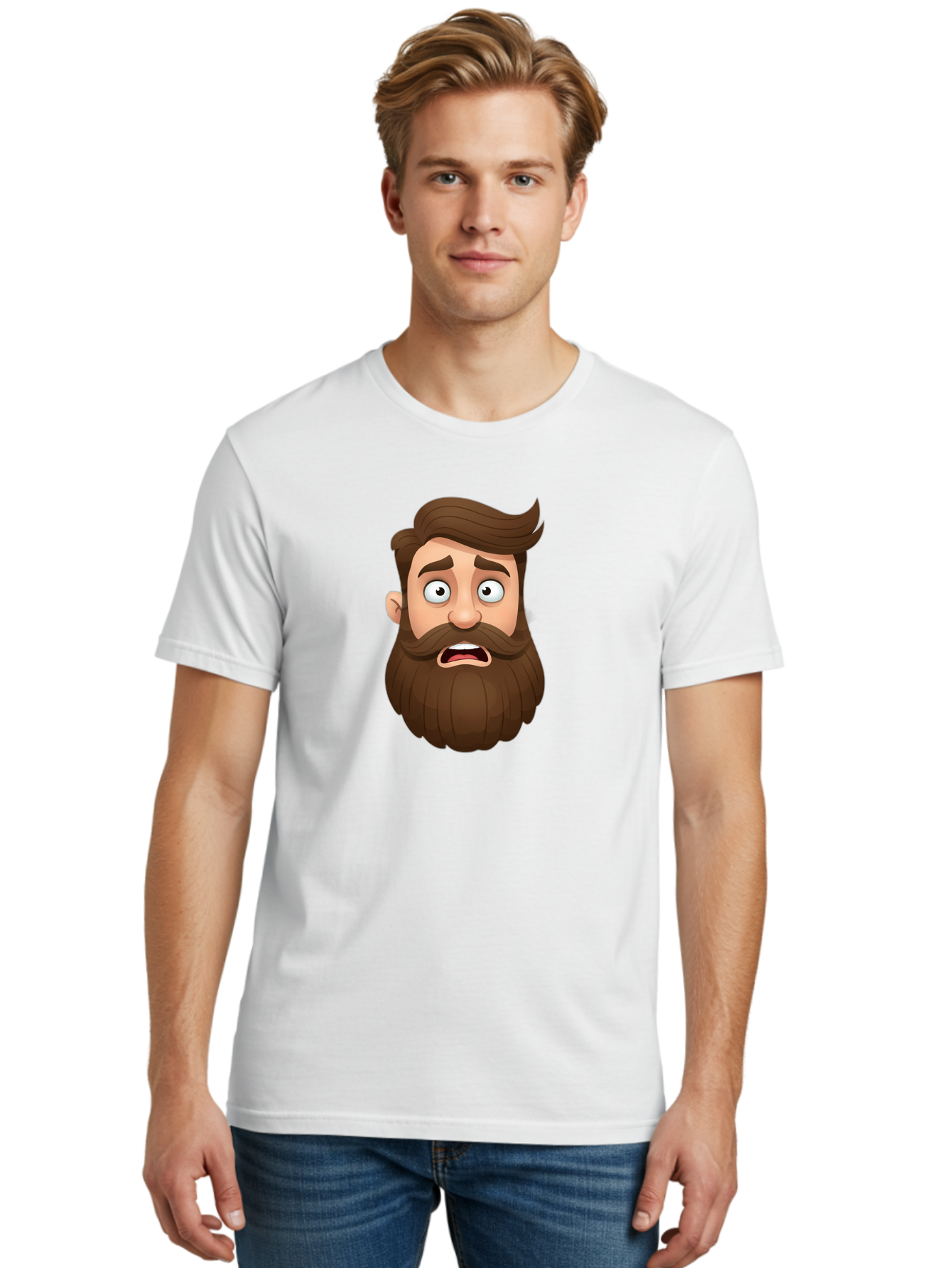 Shocked-Man Men'S Graphic Tee, 100% Cotton, Comfortable Casual Summer Wear, Machine Washable, Cartoon Character, Shocked Expression, Wide Eyes, Open Mouth, Surprised Face, Bearded Man, Comic Style, Exaggerated Features, Emotional Reaction Bad561