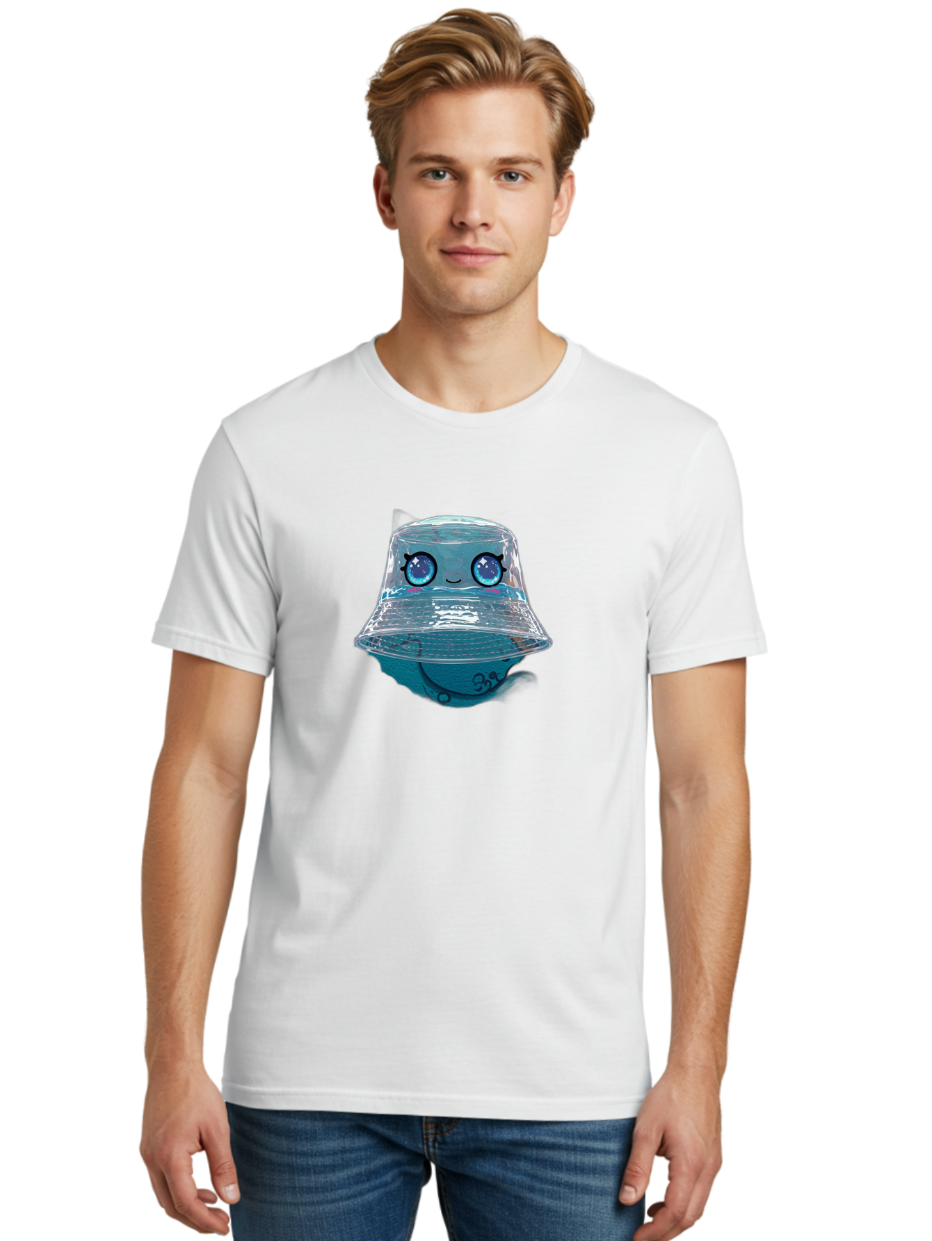 Shopkins-Jelly-Bucket Men'S Graphic Tee, 100% Cotton, Comfortable Casual Summer Wear, Machine Washable, Cartoon Ice Cream, Blue Ice Cream, Shopkins Character, Sweet Treats, Whimsical Design, Kawaii Style, Face With Eyes, Cute Desserts, Bad562