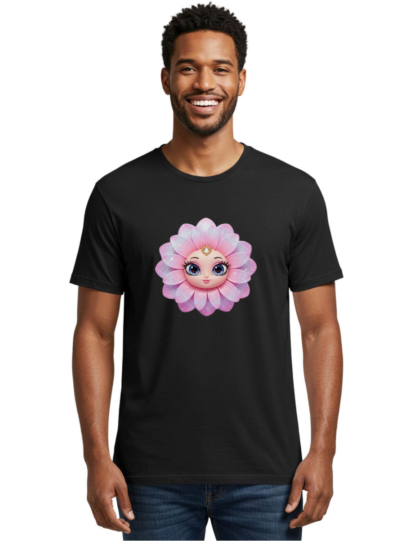 Shopkins-Petal-Blossom Men'S Graphic Tee, 100% Cotton, Comfortable Casual Summer Wear, Machine Washable, L.O.L. Surprise! Doll, Petal Character, Pink Flower, Glittery Petals, Blue Eyes, Mascara Eyelashes, Gemstone Tiara, Cute Face, Bad563