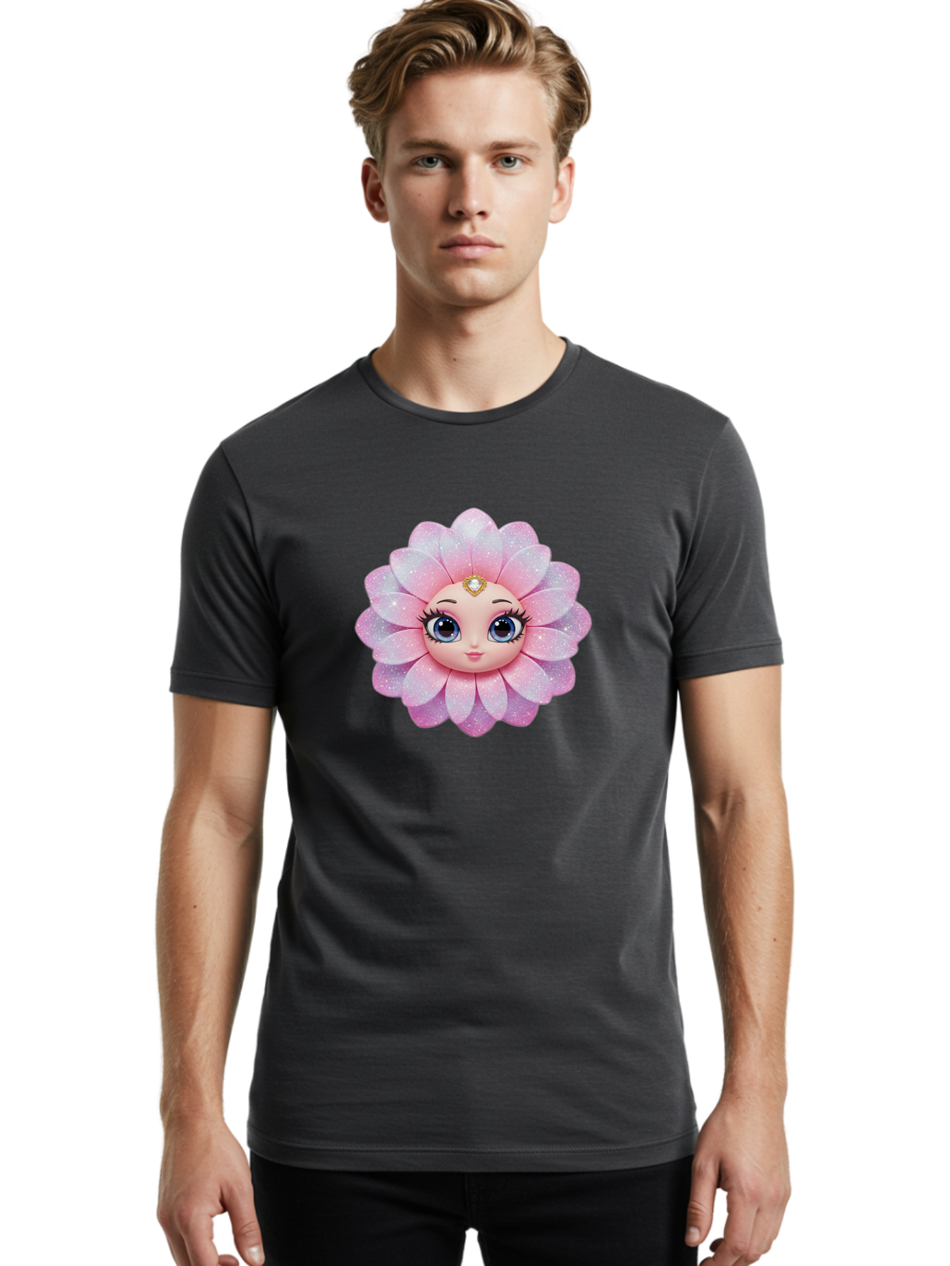 Shopkins-Petal-Blossom Men'S Graphic Tee, 100% Cotton, Comfortable Casual Summer Wear, Machine Washable, L.O.L. Surprise! Doll, Petal Character, Pink Flower, Glittery Petals, Blue Eyes, Mascara Eyelashes, Gemstone Tiara, Cute Face, Bad563