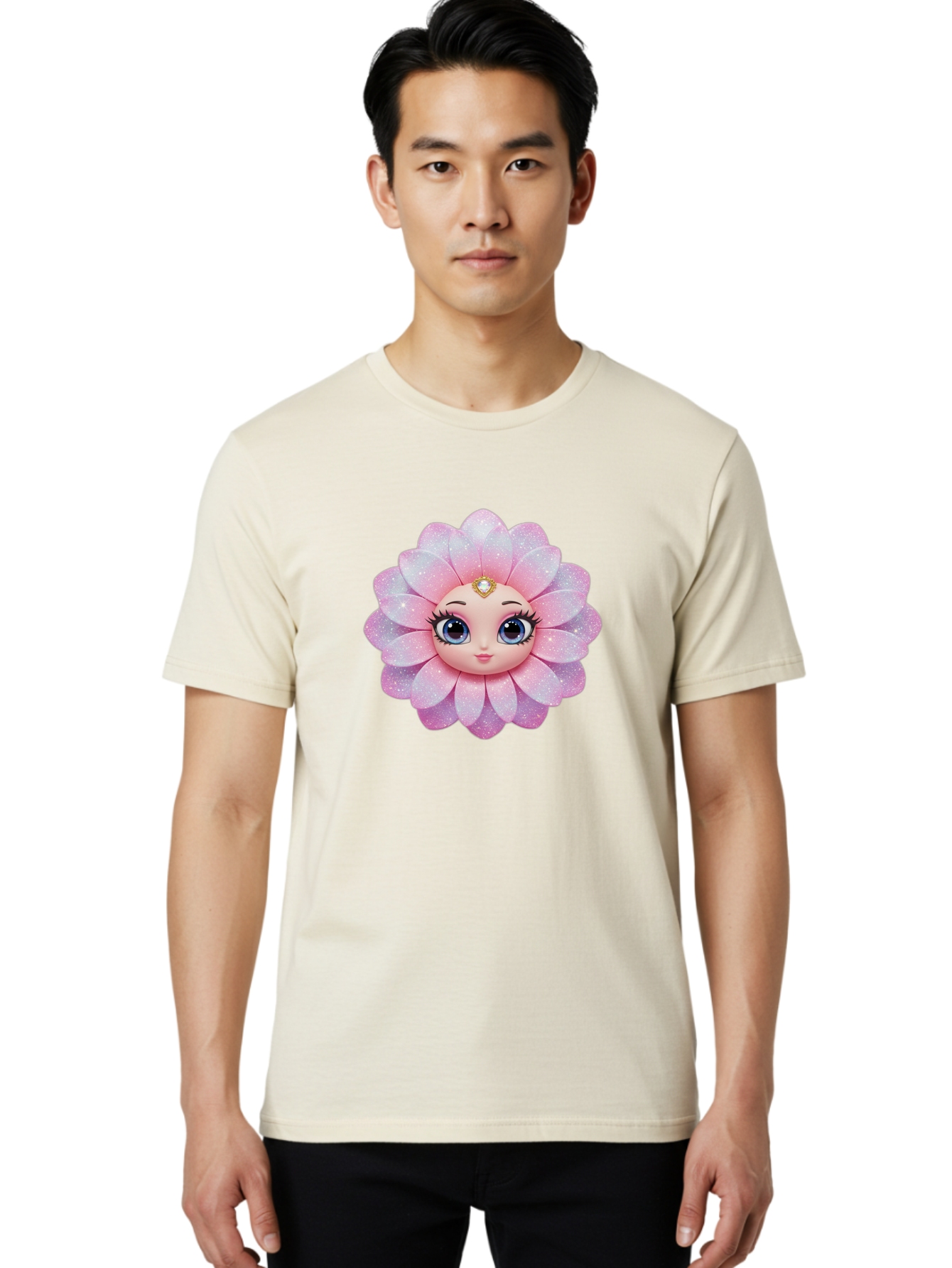 Shopkins-Petal-Blossom Men'S Graphic Tee, 100% Cotton, Comfortable Casual Summer Wear, Machine Washable, L.O.L. Surprise! Doll, Petal Character, Pink Flower, Glittery Petals, Blue Eyes, Mascara Eyelashes, Gemstone Tiara, Cute Face, Bad563