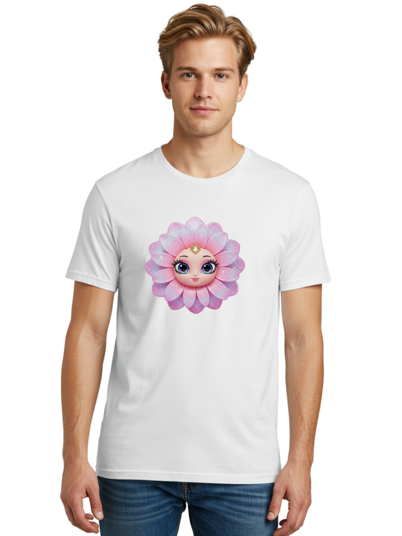 Shopkins-Petal-Blossom Men'S Graphic Tee, 100% Cotton, Comfortable Casual Summer Wear, Machine Washable, L.O.L. Surprise! Doll, Petal Character, Pink Flower, Glittery Petals, Blue Eyes, Mascara Eyelashes, Gemstone Tiara, Cute Face, Bad563