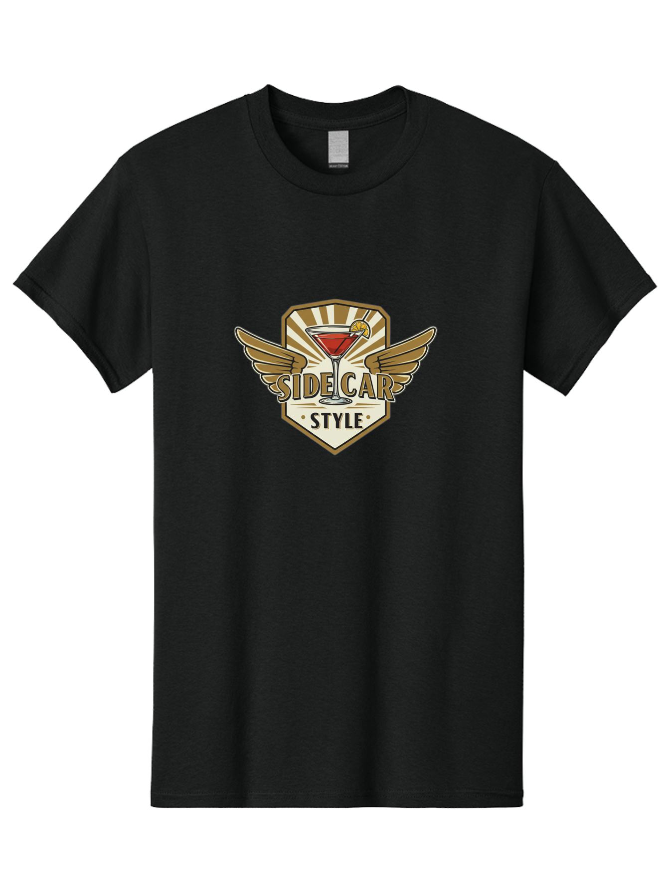 Side-Car-Style Men'S Graphic Tee, 100% Cotton, Comfortable Casual Summer Wear, Machine Washable, Martini Glass, Cocktail Drink, Lemon Slice, Wing Design, Emblem Logo, Vintage Style, Luxury Feel, Barware, Gold Accents, Classic Cocktail Bad564