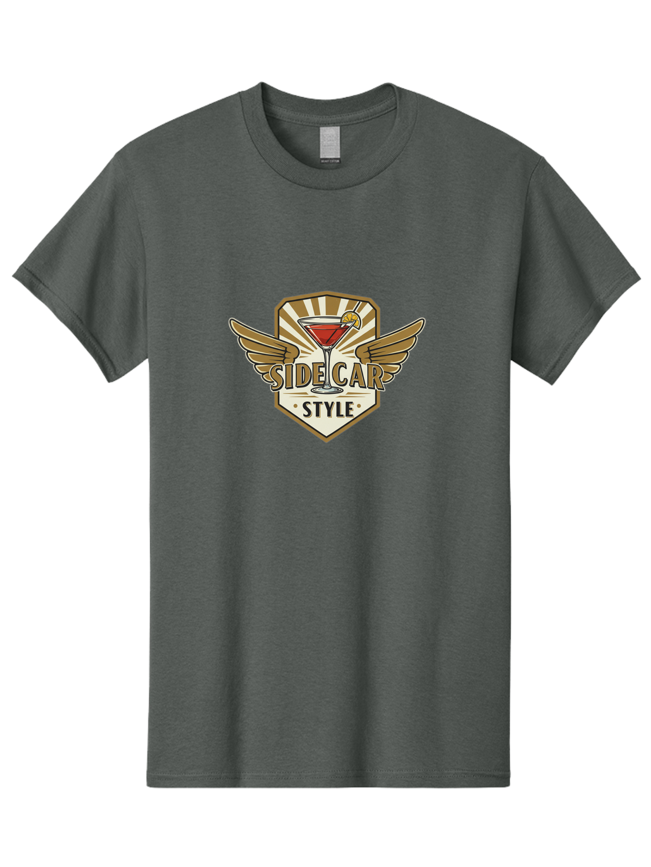 Side-Car-Style Men'S Graphic Tee, 100% Cotton, Comfortable Casual Summer Wear, Machine Washable, Martini Glass, Cocktail Drink, Lemon Slice, Wing Design, Emblem Logo, Vintage Style, Luxury Feel, Barware, Gold Accents, Classic Cocktail Bad564