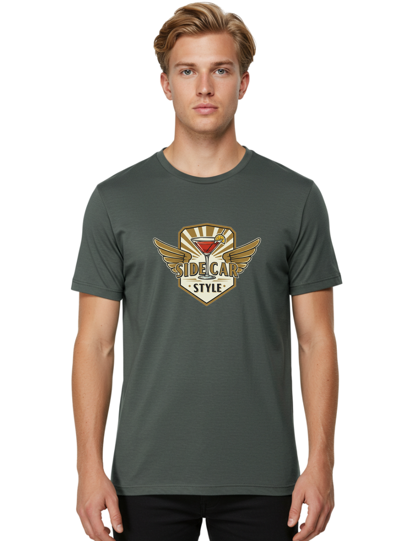 Side-Car-Style Men'S Graphic Tee, 100% Cotton, Comfortable Casual Summer Wear, Machine Washable, Martini Glass, Cocktail Drink, Lemon Slice, Wing Design, Emblem Logo, Vintage Style, Luxury Feel, Barware, Gold Accents, Classic Cocktail Bad564