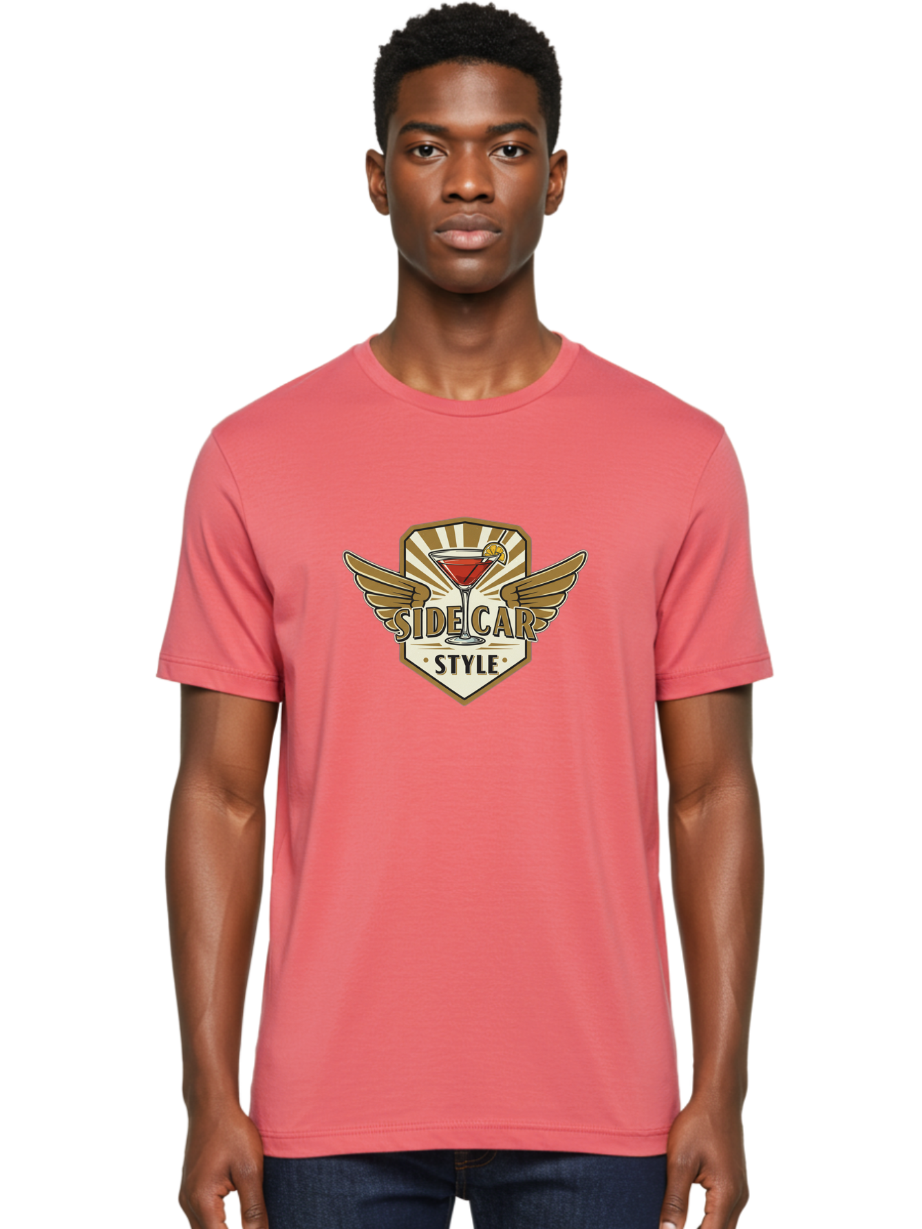 Side-Car-Style Men'S Graphic Tee, 100% Cotton, Comfortable Casual Summer Wear, Machine Washable, Martini Glass, Cocktail Drink, Lemon Slice, Wing Design, Emblem Logo, Vintage Style, Luxury Feel, Barware, Gold Accents, Classic Cocktail Bad564