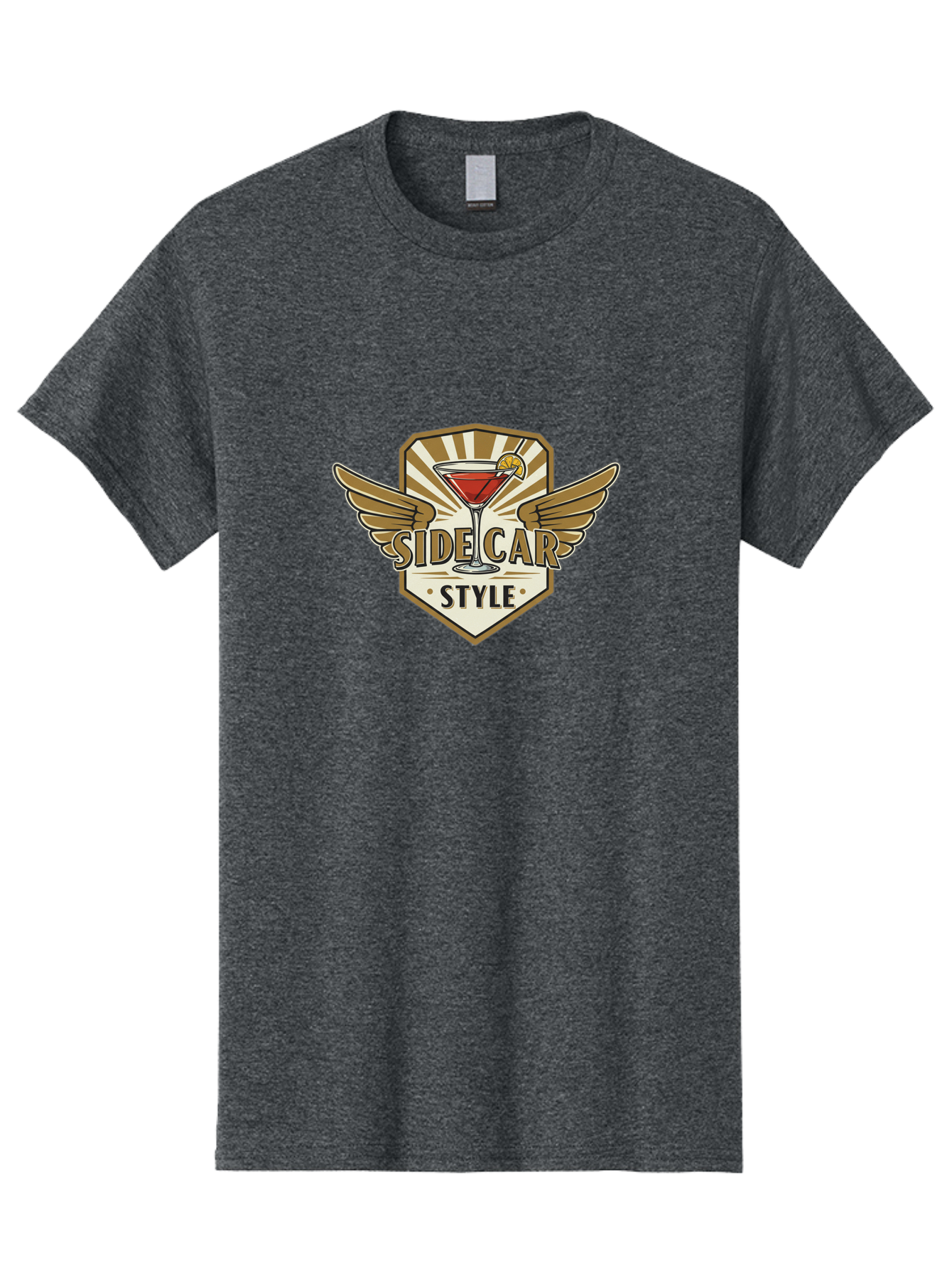 Side-Car-Style Men'S Graphic Tee, 100% Cotton, Comfortable Casual Summer Wear, Machine Washable, Martini Glass, Cocktail Drink, Lemon Slice, Wing Design, Emblem Logo, Vintage Style, Luxury Feel, Barware, Gold Accents, Classic Cocktail Bad564