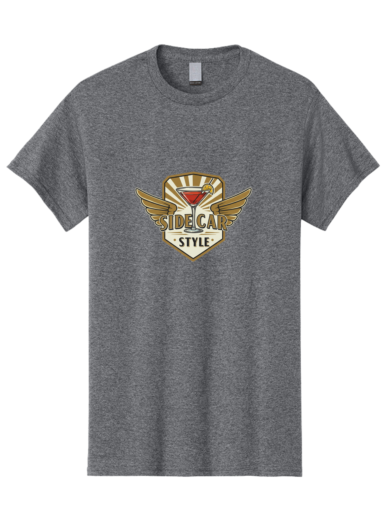 Side-Car-Style Men'S Graphic Tee, 100% Cotton, Comfortable Casual Summer Wear, Machine Washable, Martini Glass, Cocktail Drink, Lemon Slice, Wing Design, Emblem Logo, Vintage Style, Luxury Feel, Barware, Gold Accents, Classic Cocktail Bad564