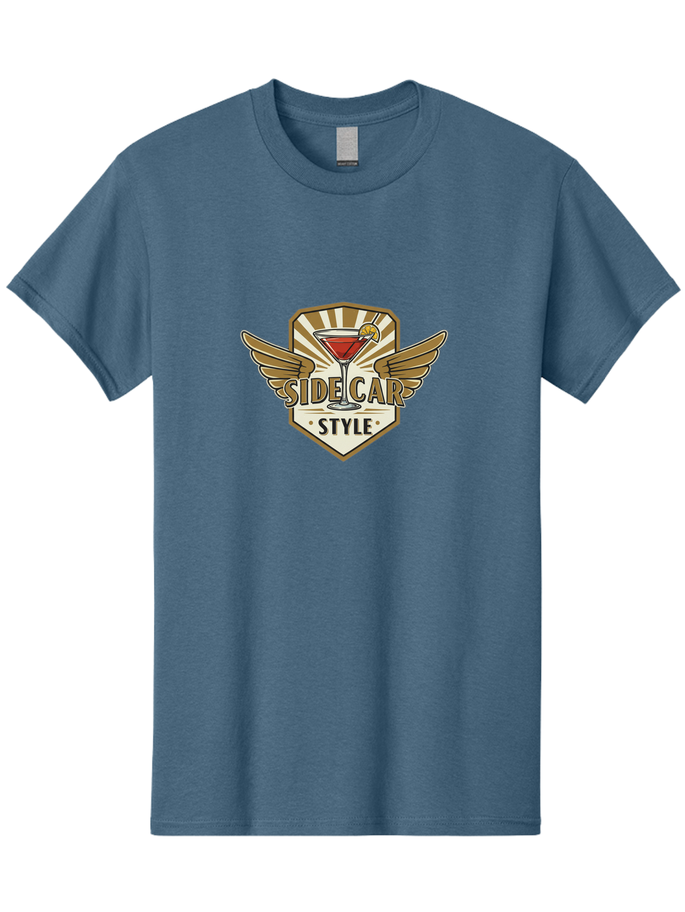 Side-Car-Style Men'S Graphic Tee, 100% Cotton, Comfortable Casual Summer Wear, Machine Washable, Martini Glass, Cocktail Drink, Lemon Slice, Wing Design, Emblem Logo, Vintage Style, Luxury Feel, Barware, Gold Accents, Classic Cocktail Bad564