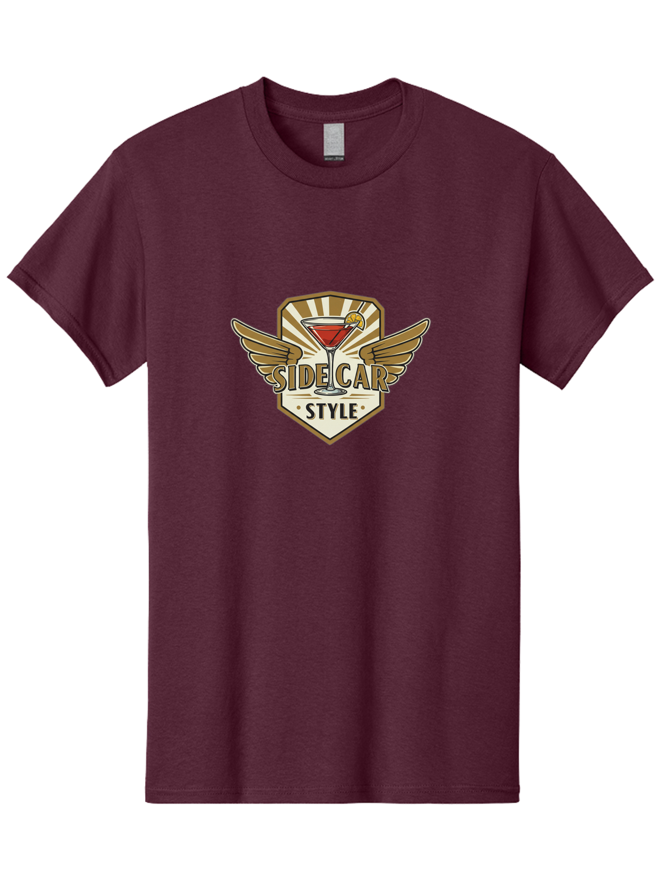 Side-Car-Style Men'S Graphic Tee, 100% Cotton, Comfortable Casual Summer Wear, Machine Washable, Martini Glass, Cocktail Drink, Lemon Slice, Wing Design, Emblem Logo, Vintage Style, Luxury Feel, Barware, Gold Accents, Classic Cocktail Bad564