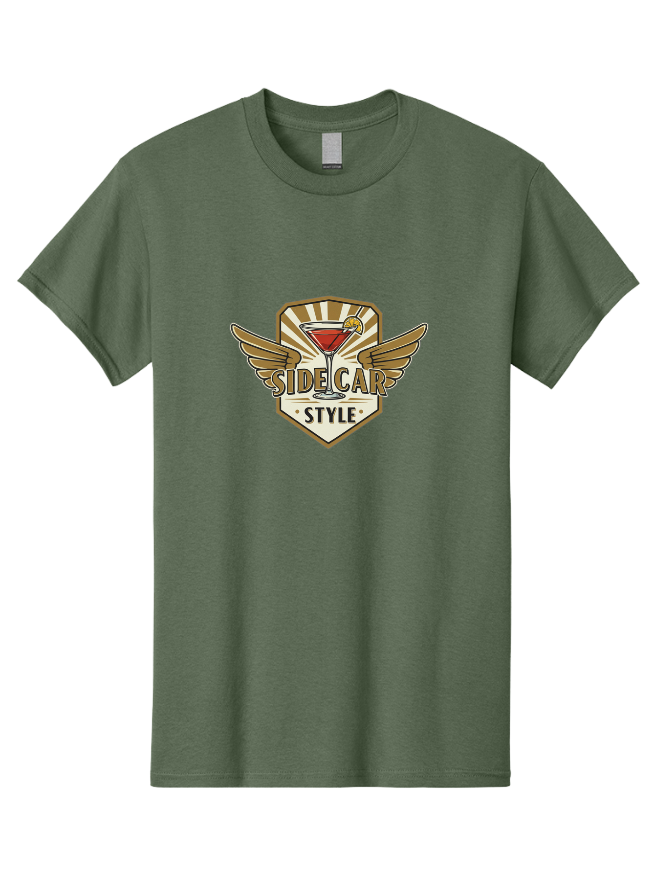 Side-Car-Style Men'S Graphic Tee, 100% Cotton, Comfortable Casual Summer Wear, Machine Washable, Martini Glass, Cocktail Drink, Lemon Slice, Wing Design, Emblem Logo, Vintage Style, Luxury Feel, Barware, Gold Accents, Classic Cocktail Bad564