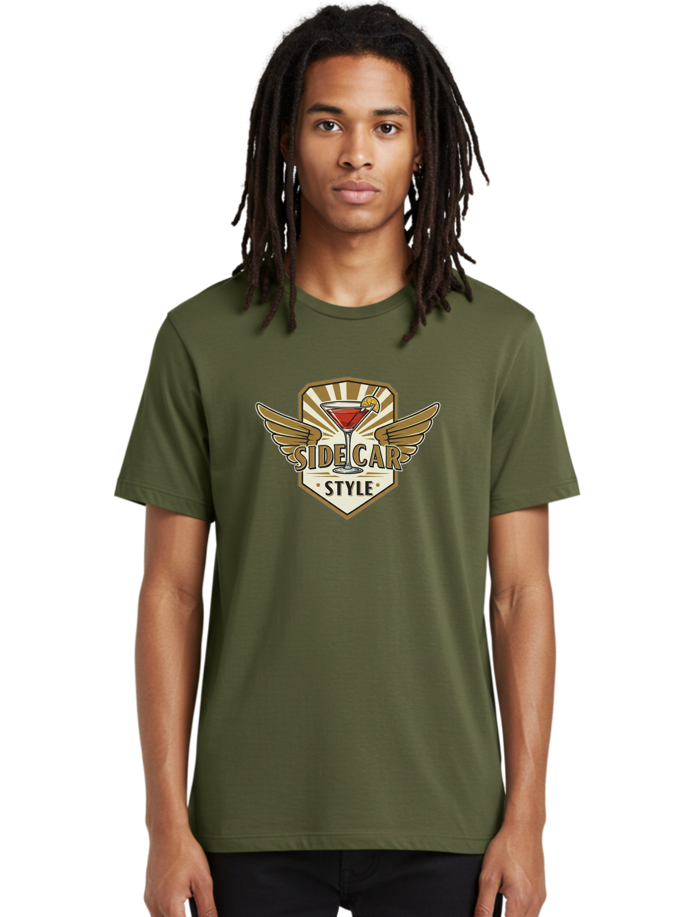 Side-Car-Style Men'S Graphic Tee, 100% Cotton, Comfortable Casual Summer Wear, Machine Washable, Martini Glass, Cocktail Drink, Lemon Slice, Wing Design, Emblem Logo, Vintage Style, Luxury Feel, Barware, Gold Accents, Classic Cocktail Bad564