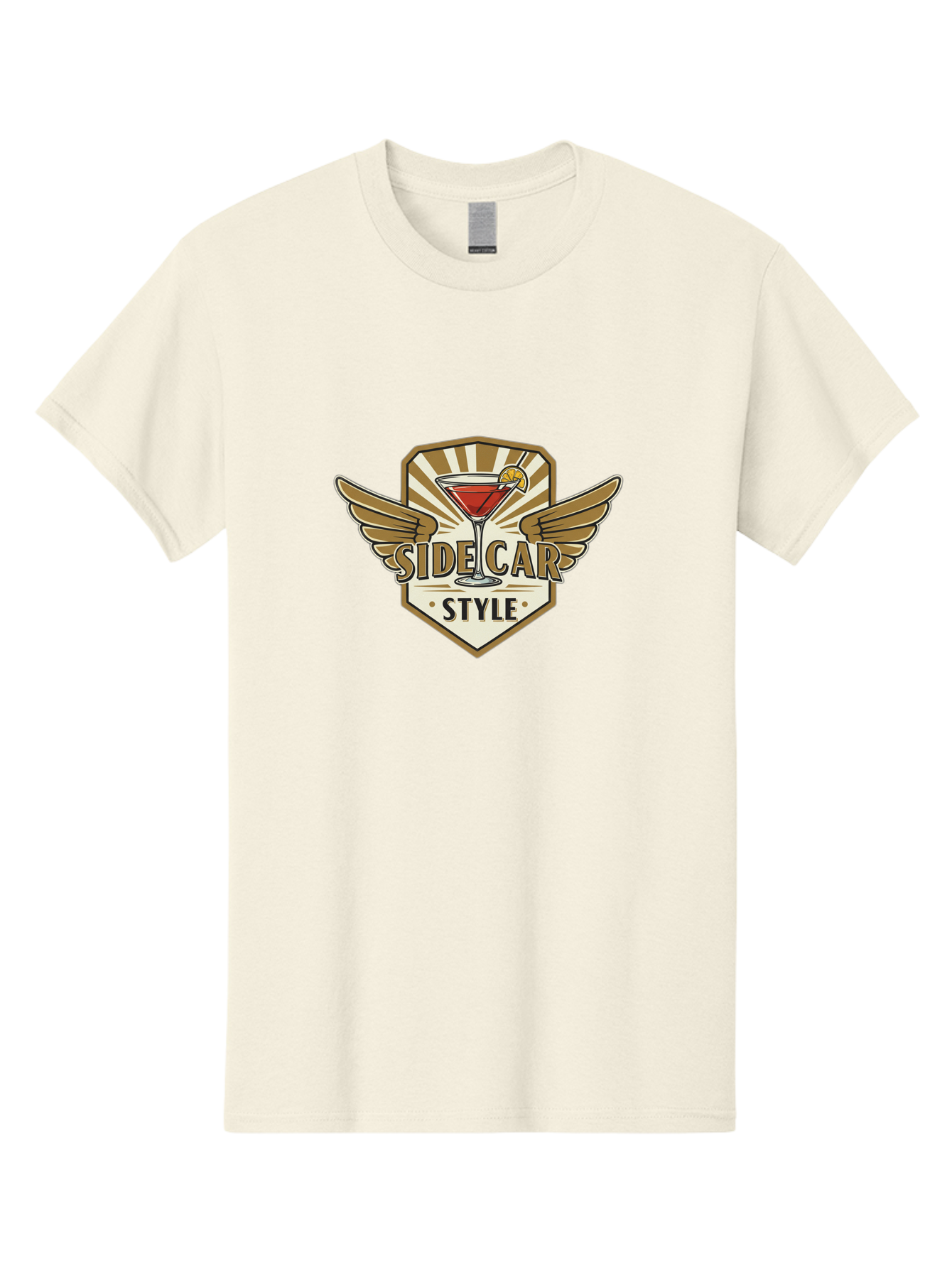Side-Car-Style Men'S Graphic Tee, 100% Cotton, Comfortable Casual Summer Wear, Machine Washable, Martini Glass, Cocktail Drink, Lemon Slice, Wing Design, Emblem Logo, Vintage Style, Luxury Feel, Barware, Gold Accents, Classic Cocktail Bad564