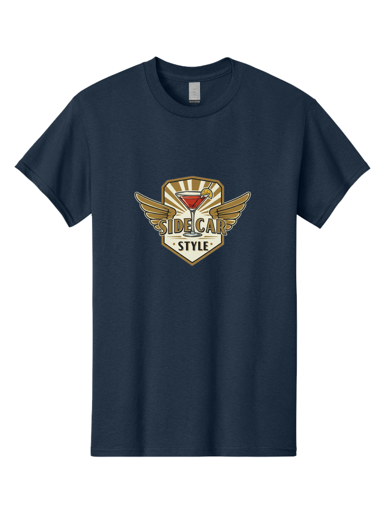 Side-Car-Style Men'S Graphic Tee, 100% Cotton, Comfortable Casual Summer Wear, Machine Washable, Martini Glass, Cocktail Drink, Lemon Slice, Wing Design, Emblem Logo, Vintage Style, Luxury Feel, Barware, Gold Accents, Classic Cocktail Bad564