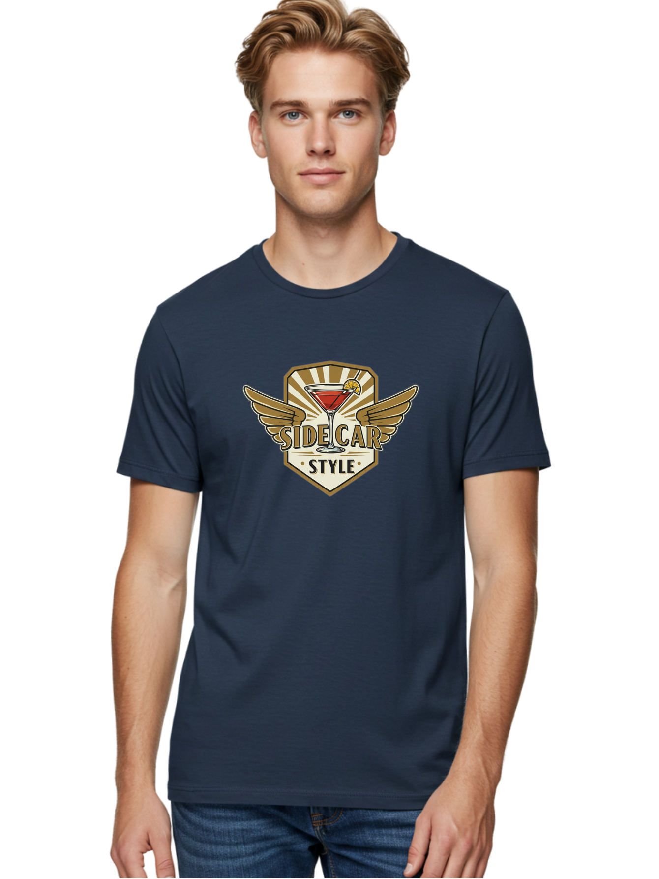 Side-Car-Style Men'S Graphic Tee, 100% Cotton, Comfortable Casual Summer Wear, Machine Washable, Martini Glass, Cocktail Drink, Lemon Slice, Wing Design, Emblem Logo, Vintage Style, Luxury Feel, Barware, Gold Accents, Classic Cocktail Bad564