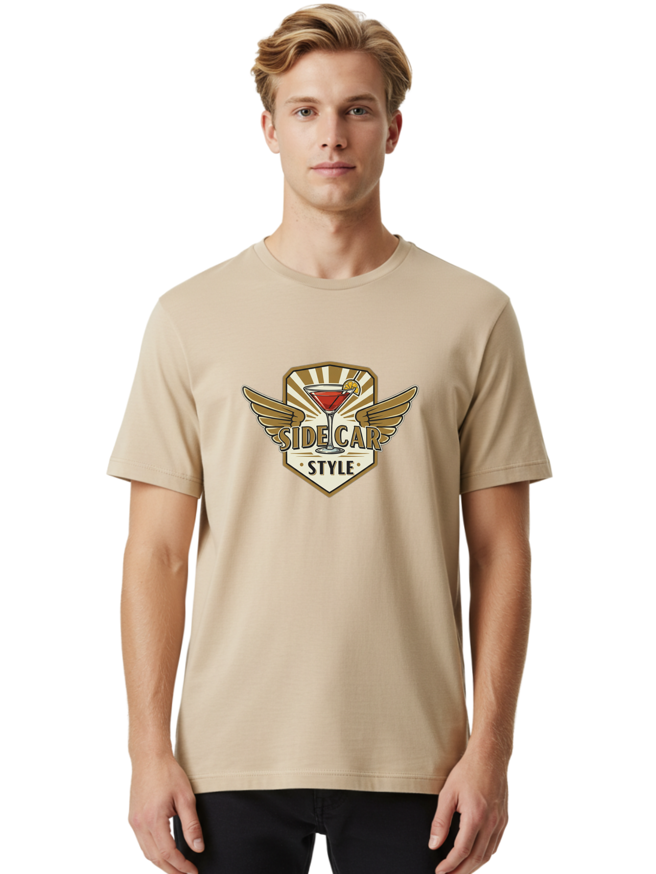Side-Car-Style Men'S Graphic Tee, 100% Cotton, Comfortable Casual Summer Wear, Machine Washable, Martini Glass, Cocktail Drink, Lemon Slice, Wing Design, Emblem Logo, Vintage Style, Luxury Feel, Barware, Gold Accents, Classic Cocktail Bad564