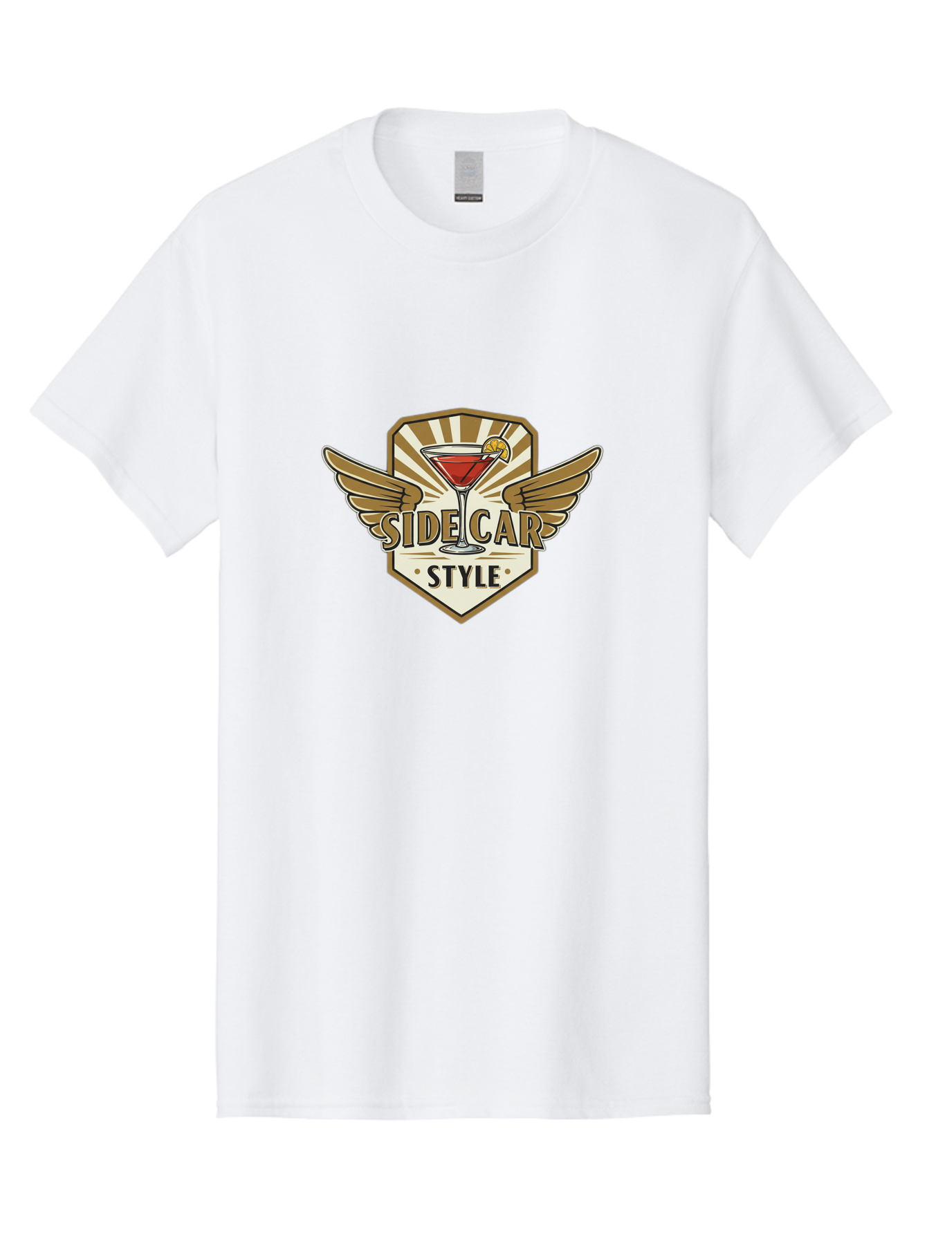 Side-Car-Style Men'S Graphic Tee, 100% Cotton, Comfortable Casual Summer Wear, Machine Washable, Martini Glass, Cocktail Drink, Lemon Slice, Wing Design, Emblem Logo, Vintage Style, Luxury Feel, Barware, Gold Accents, Classic Cocktail Bad564