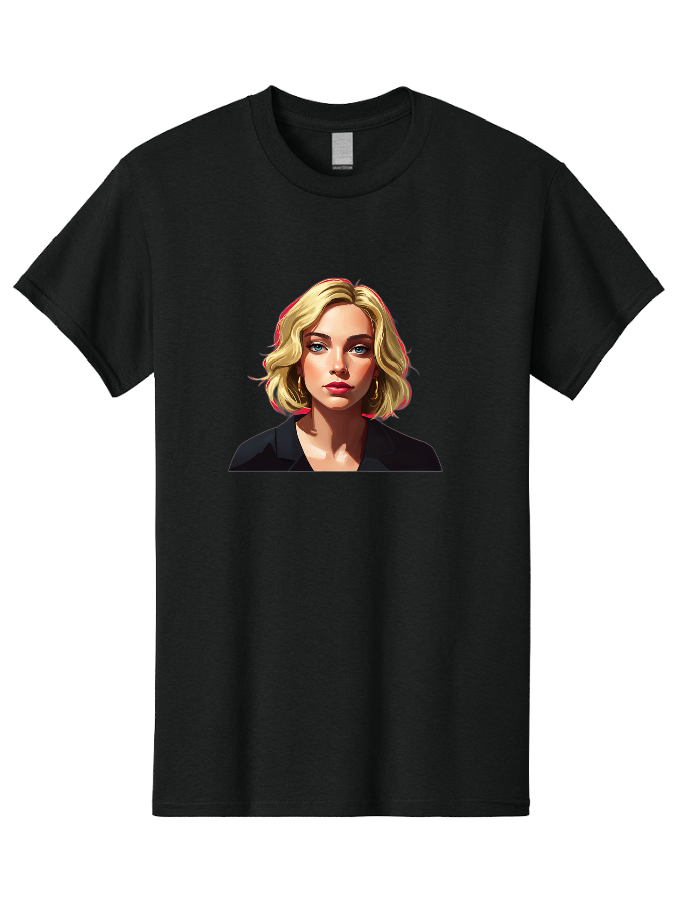 Sienna-Miller-Portrait Men'S Graphic Tee, 100% Cotton, Comfortable Casual Summer Wear, Machine Washable, Blonde Hair, Blue Eyes, Red Lipstick, Gold Hoop Earrings, Black Shirt, Digital Art, Modern Style, Young Woman, Stylish Look, Bad565