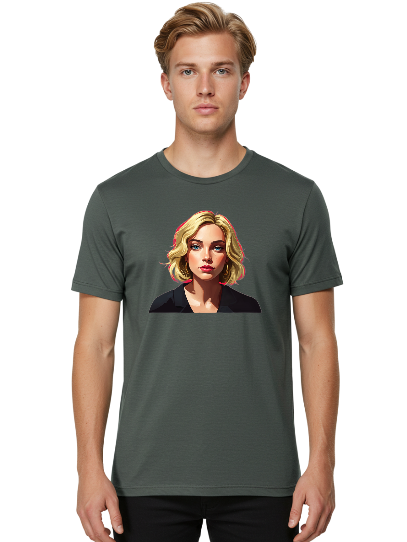 Sienna-Miller-Portrait Men'S Graphic Tee, 100% Cotton, Comfortable Casual Summer Wear, Machine Washable, Blonde Hair, Blue Eyes, Red Lipstick, Gold Hoop Earrings, Black Shirt, Digital Art, Modern Style, Young Woman, Stylish Look, Bad565