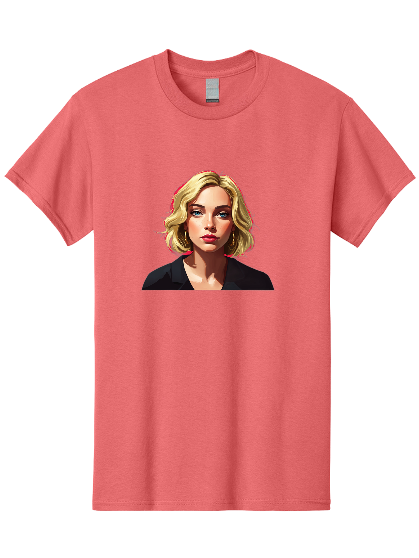 Sienna-Miller-Portrait Men'S Graphic Tee, 100% Cotton, Comfortable Casual Summer Wear, Machine Washable, Blonde Hair, Blue Eyes, Red Lipstick, Gold Hoop Earrings, Black Shirt, Digital Art, Modern Style, Young Woman, Stylish Look, Bad565