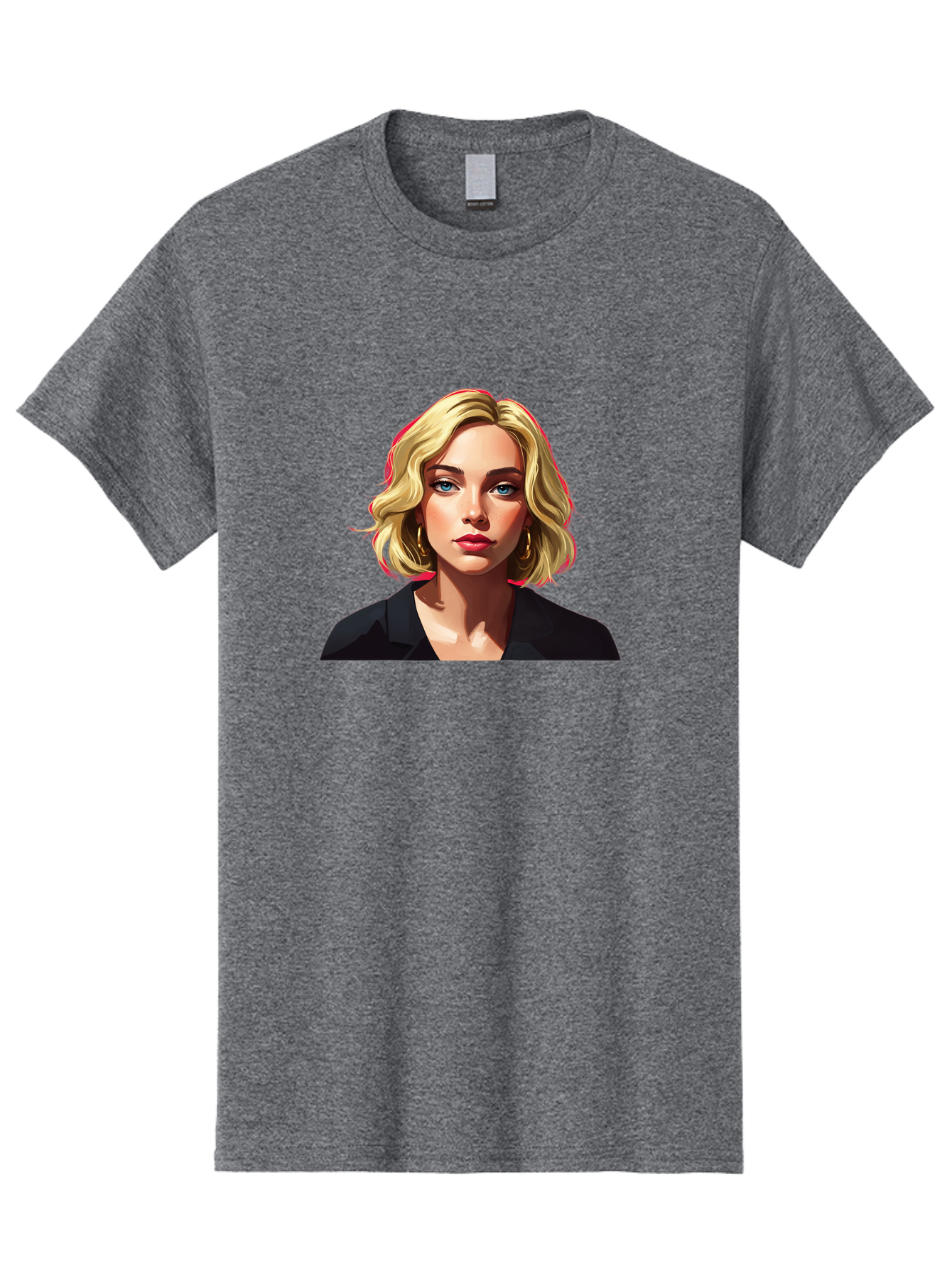 Sienna-Miller-Portrait Men'S Graphic Tee, 100% Cotton, Comfortable Casual Summer Wear, Machine Washable, Blonde Hair, Blue Eyes, Red Lipstick, Gold Hoop Earrings, Black Shirt, Digital Art, Modern Style, Young Woman, Stylish Look, Bad565