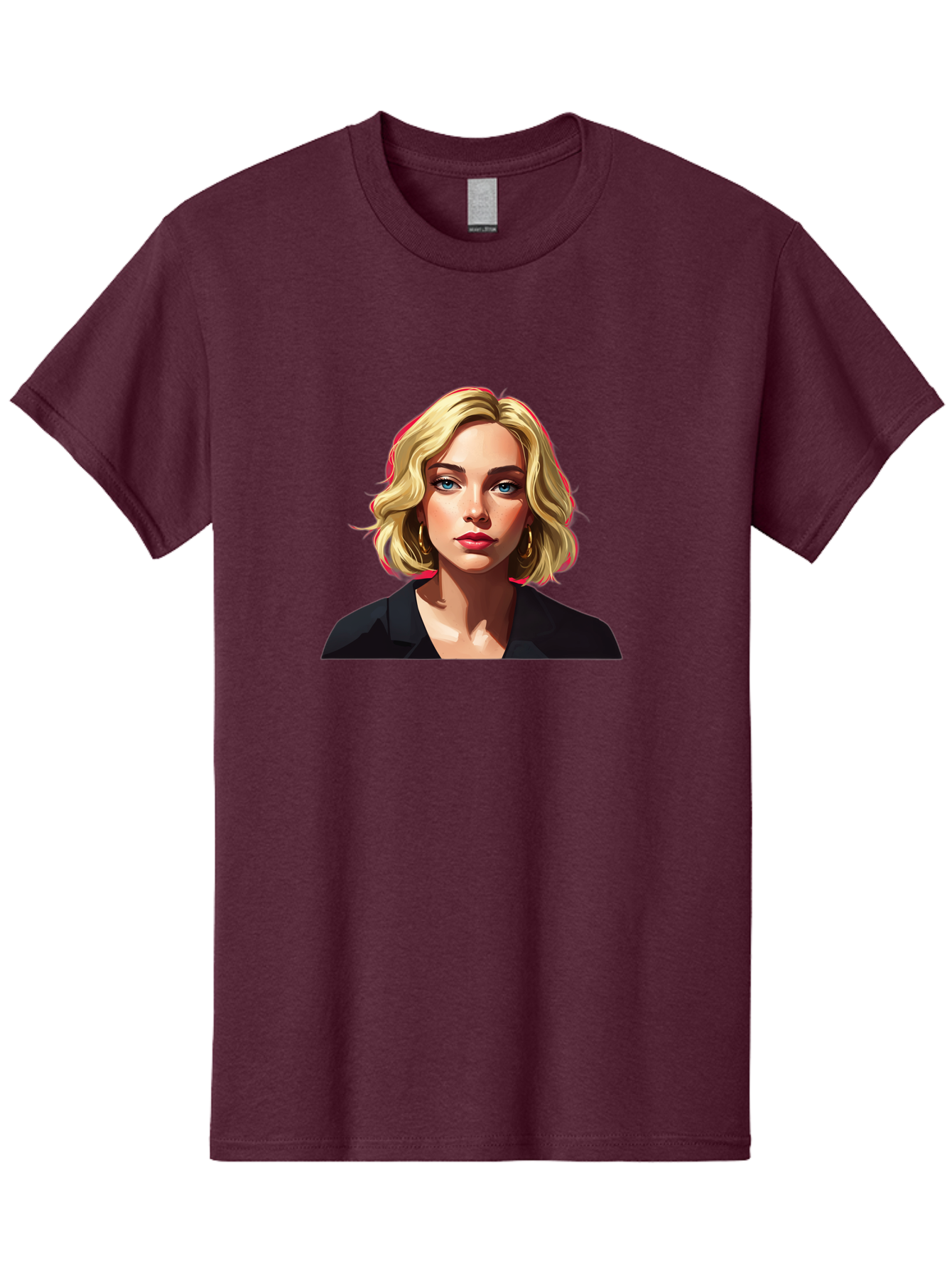 Sienna-Miller-Portrait Men'S Graphic Tee, 100% Cotton, Comfortable Casual Summer Wear, Machine Washable, Blonde Hair, Blue Eyes, Red Lipstick, Gold Hoop Earrings, Black Shirt, Digital Art, Modern Style, Young Woman, Stylish Look, Bad565