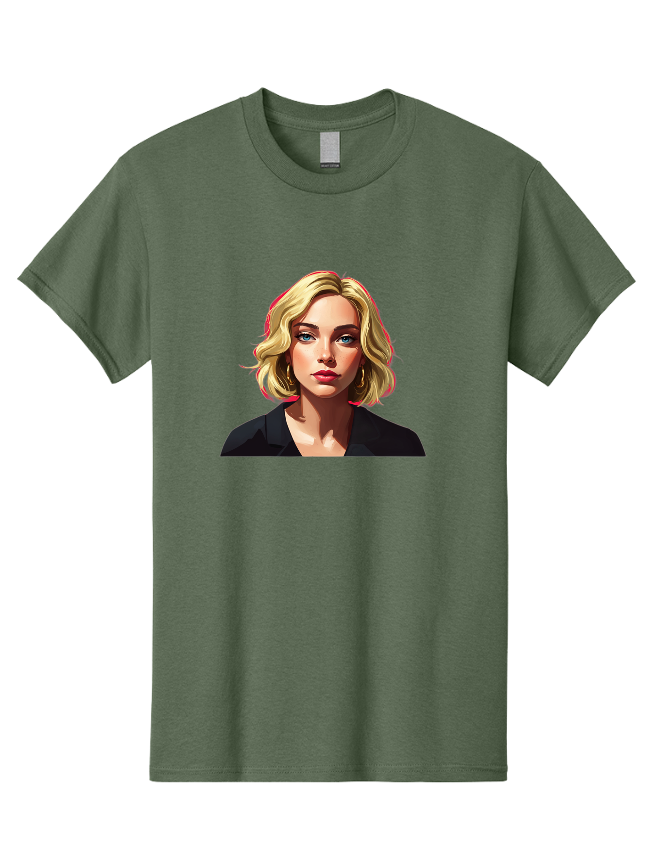 Sienna-Miller-Portrait Men'S Graphic Tee, 100% Cotton, Comfortable Casual Summer Wear, Machine Washable, Blonde Hair, Blue Eyes, Red Lipstick, Gold Hoop Earrings, Black Shirt, Digital Art, Modern Style, Young Woman, Stylish Look, Bad565