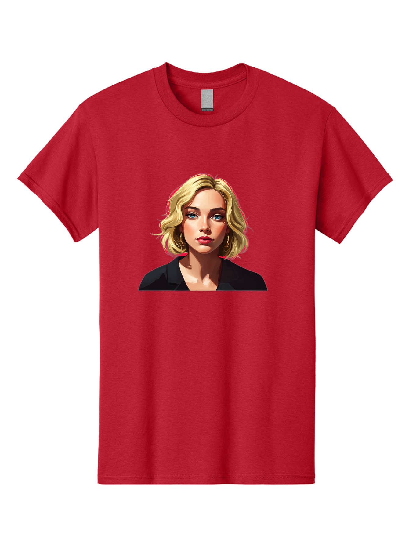 Sienna-Miller-Portrait Men'S Graphic Tee, 100% Cotton, Comfortable Casual Summer Wear, Machine Washable, Blonde Hair, Blue Eyes, Red Lipstick, Gold Hoop Earrings, Black Shirt, Digital Art, Modern Style, Young Woman, Stylish Look, Bad565