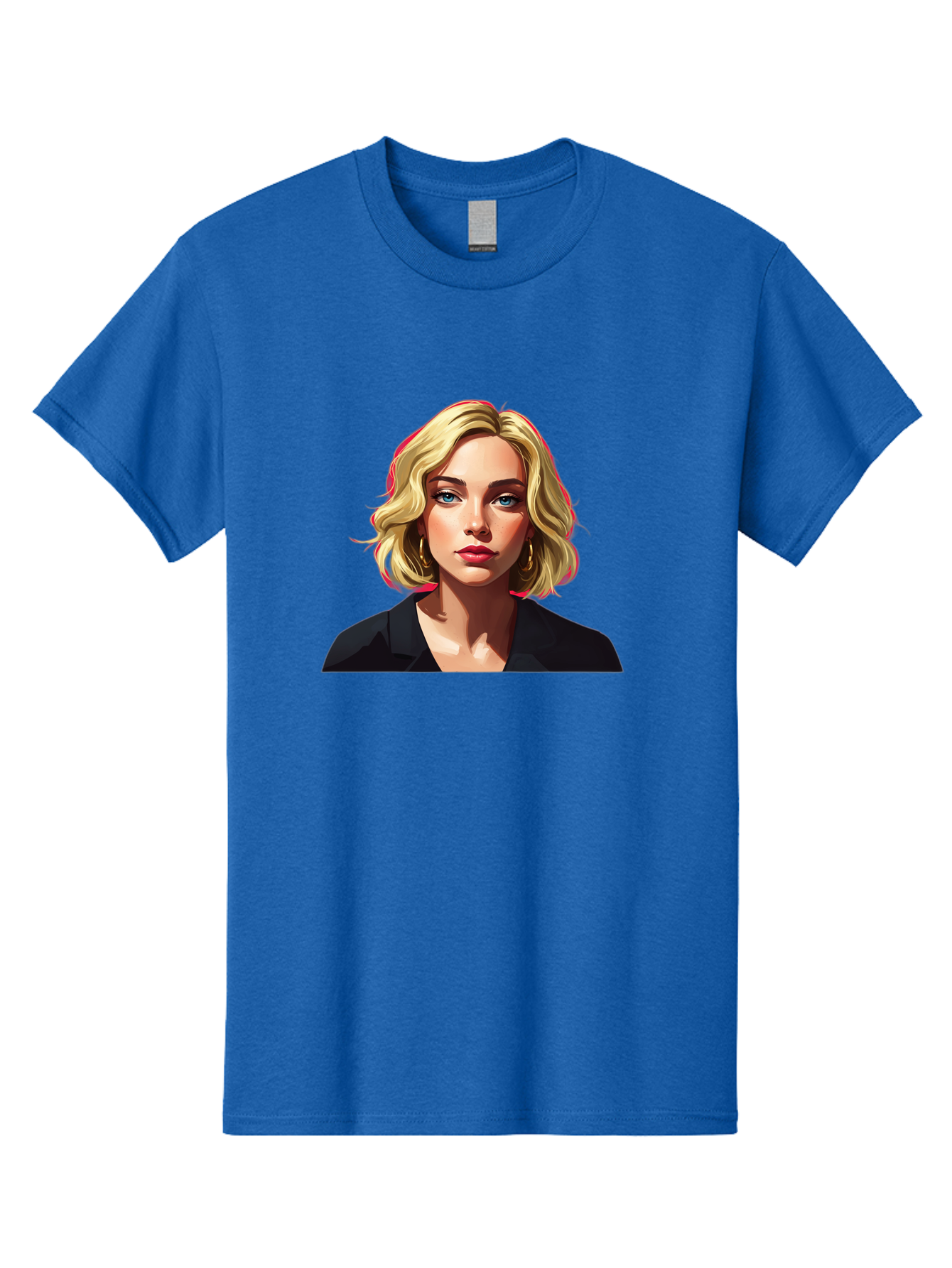 Sienna-Miller-Portrait Men'S Graphic Tee, 100% Cotton, Comfortable Casual Summer Wear, Machine Washable, Blonde Hair, Blue Eyes, Red Lipstick, Gold Hoop Earrings, Black Shirt, Digital Art, Modern Style, Young Woman, Stylish Look, Bad565