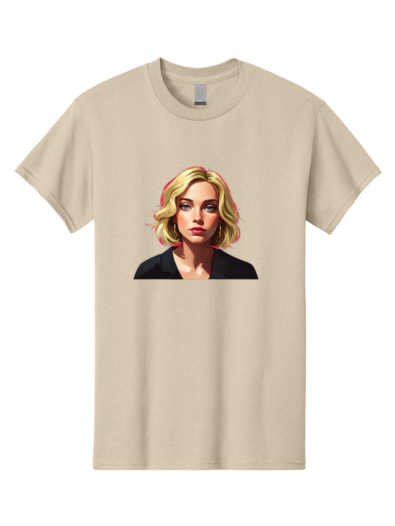 Sienna-Miller-Portrait Men'S Graphic Tee, 100% Cotton, Comfortable Casual Summer Wear, Machine Washable, Blonde Hair, Blue Eyes, Red Lipstick, Gold Hoop Earrings, Black Shirt, Digital Art, Modern Style, Young Woman, Stylish Look, Bad565