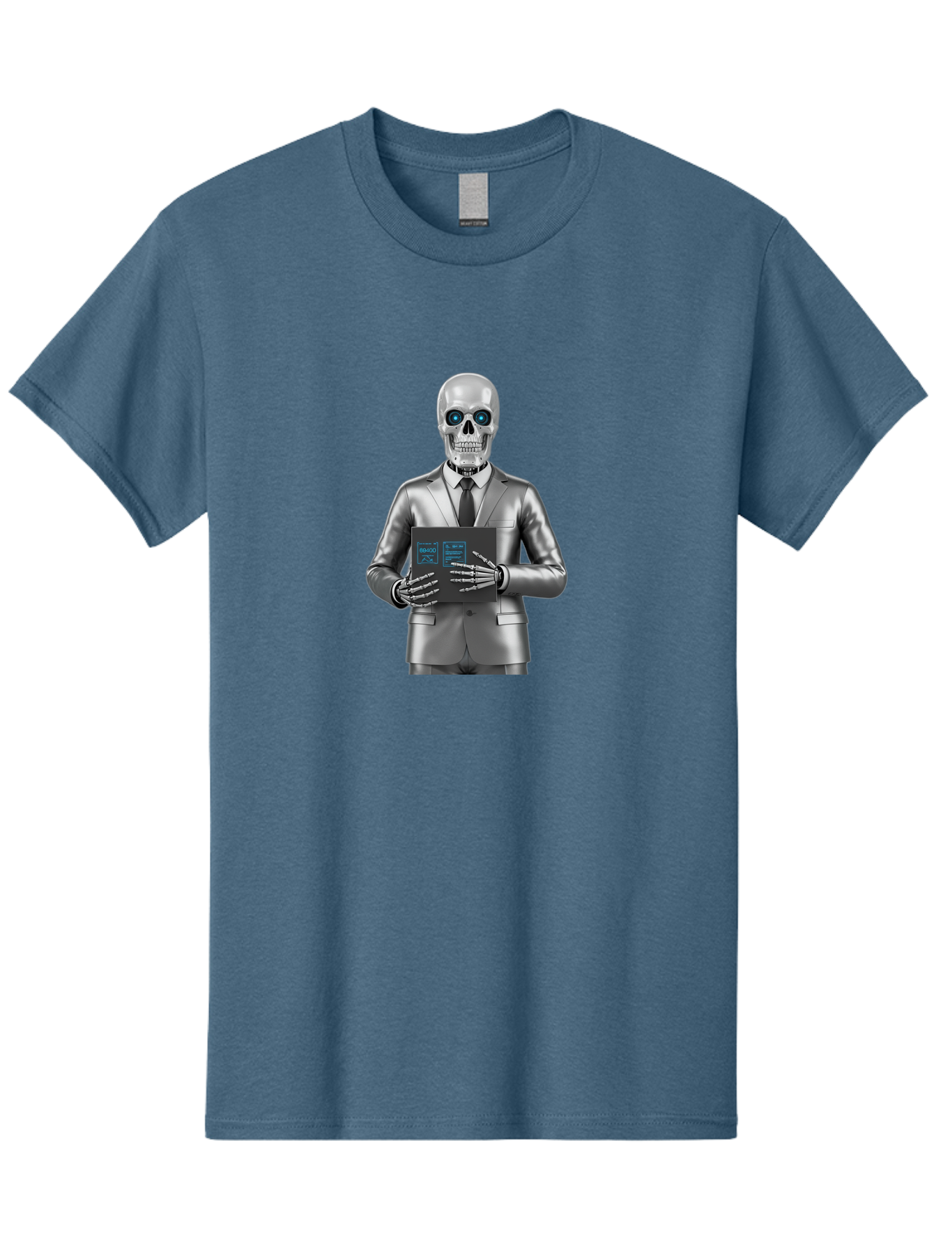 Silver-Skeleton Men'S Graphic Tee, 100% Cotton, Comfortable Casual Summer Wear, Machine Washable, Silver Skeleton In Suit, Futuristic Business Attire, Skeletal Businessman, Chrome Finish, Blue Glowing Eyes, Black Tie, Black Tech Tablet, Bad566