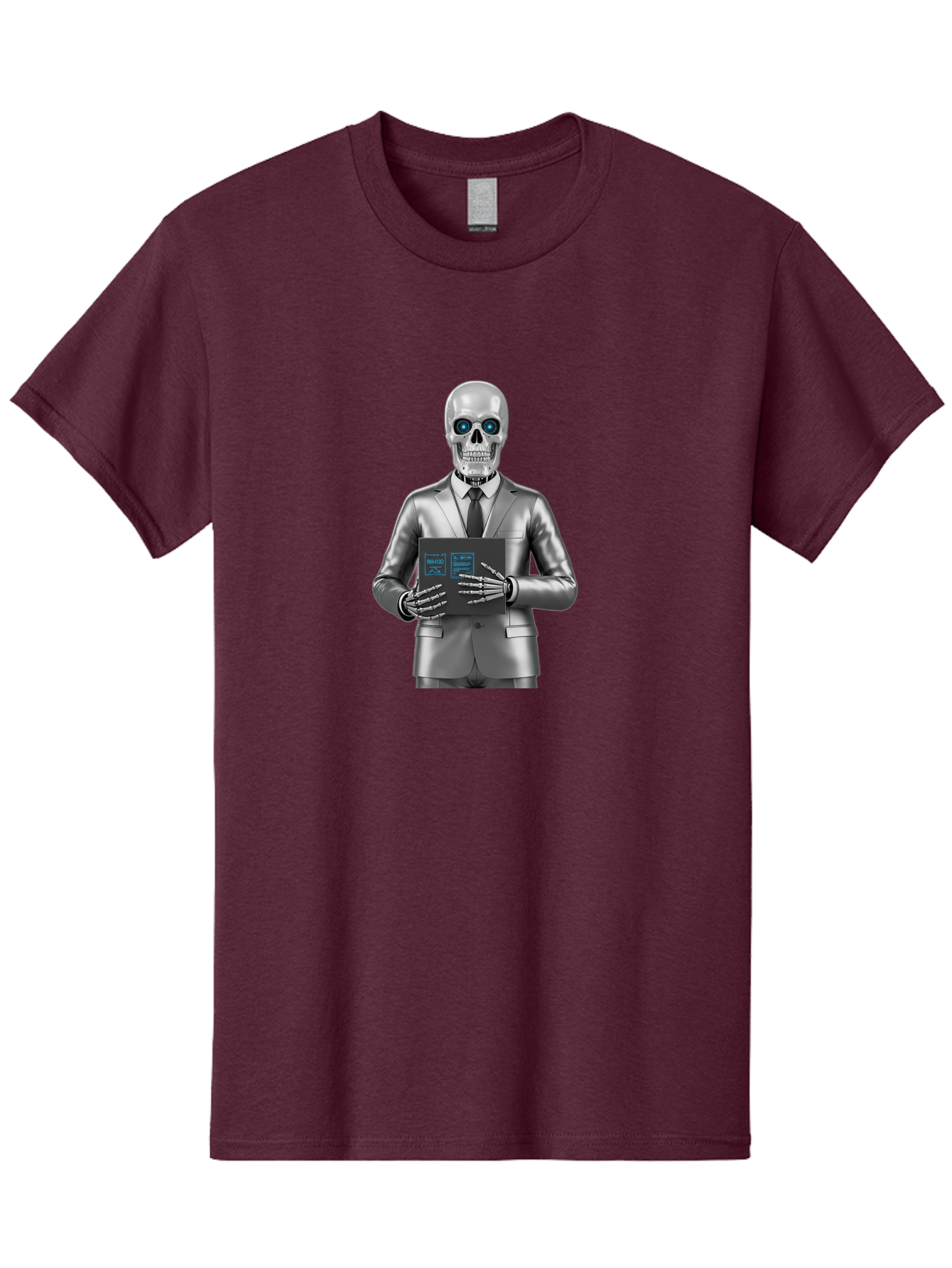 Silver-Skeleton Men'S Graphic Tee, 100% Cotton, Comfortable Casual Summer Wear, Machine Washable, Silver Skeleton In Suit, Futuristic Business Attire, Skeletal Businessman, Chrome Finish, Blue Glowing Eyes, Black Tie, Black Tech Tablet, Bad566