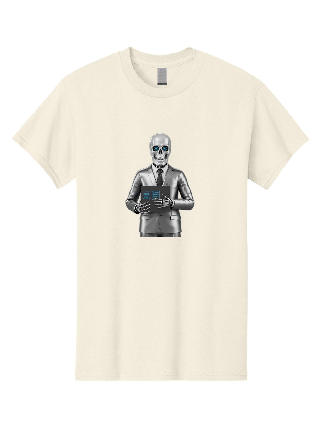 Silver-Skeleton Men'S Graphic Tee, 100% Cotton, Comfortable Casual Summer Wear, Machine Washable, Silver Skeleton In Suit, Futuristic Business Attire, Skeletal Businessman, Chrome Finish, Blue Glowing Eyes, Black Tie, Black Tech Tablet, Bad566