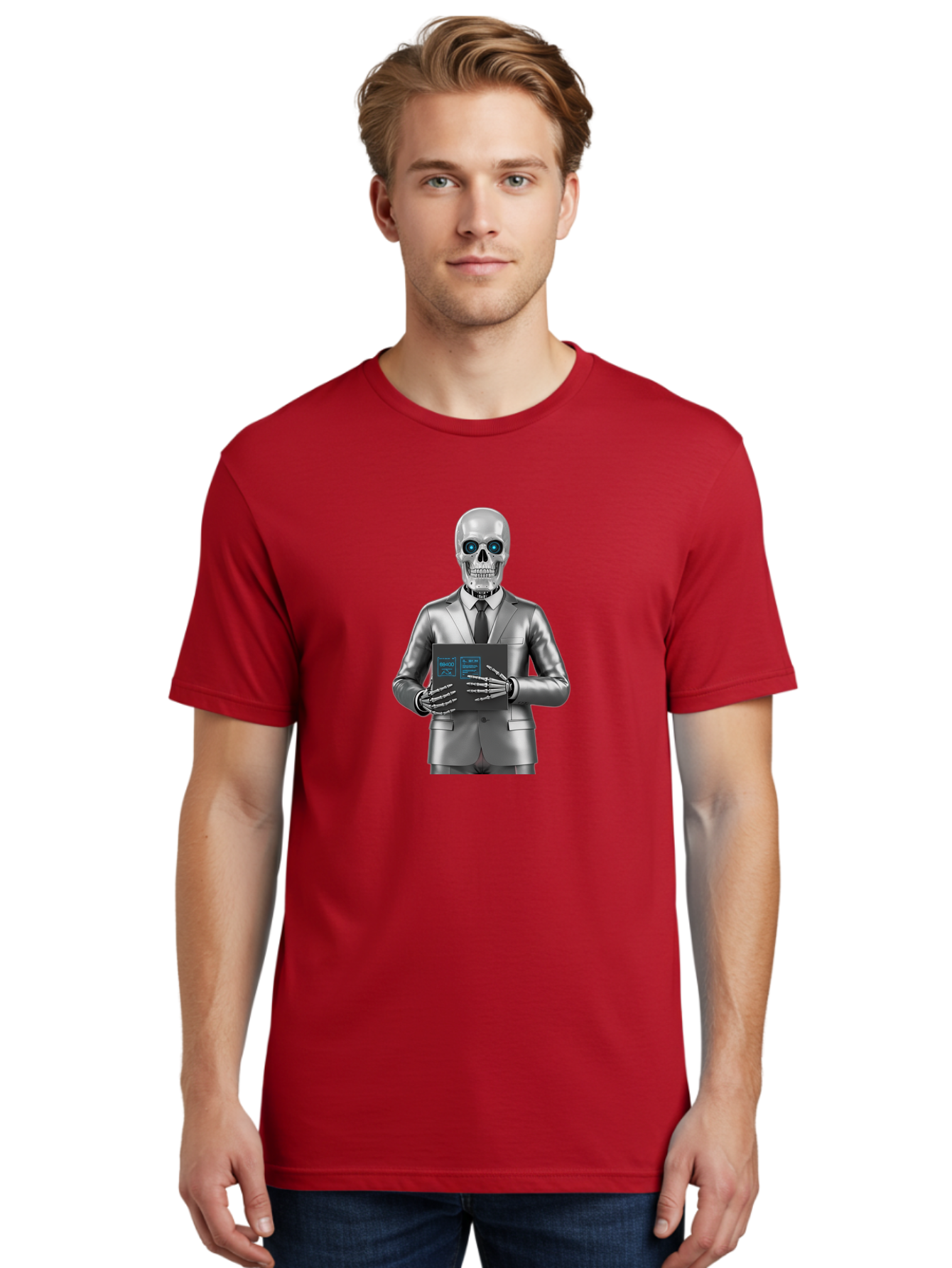 Silver-Skeleton Men'S Graphic Tee, 100% Cotton, Comfortable Casual Summer Wear, Machine Washable, Silver Skeleton In Suit, Futuristic Business Attire, Skeletal Businessman, Chrome Finish, Blue Glowing Eyes, Black Tie, Black Tech Tablet, Bad566