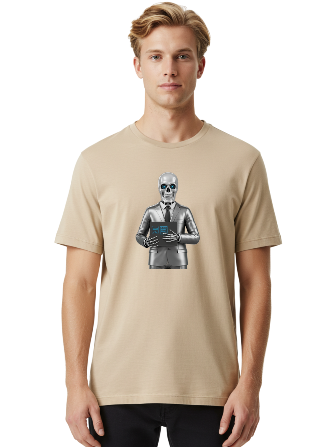 Silver-Skeleton Men'S Graphic Tee, 100% Cotton, Comfortable Casual Summer Wear, Machine Washable, Silver Skeleton In Suit, Futuristic Business Attire, Skeletal Businessman, Chrome Finish, Blue Glowing Eyes, Black Tie, Black Tech Tablet, Bad566