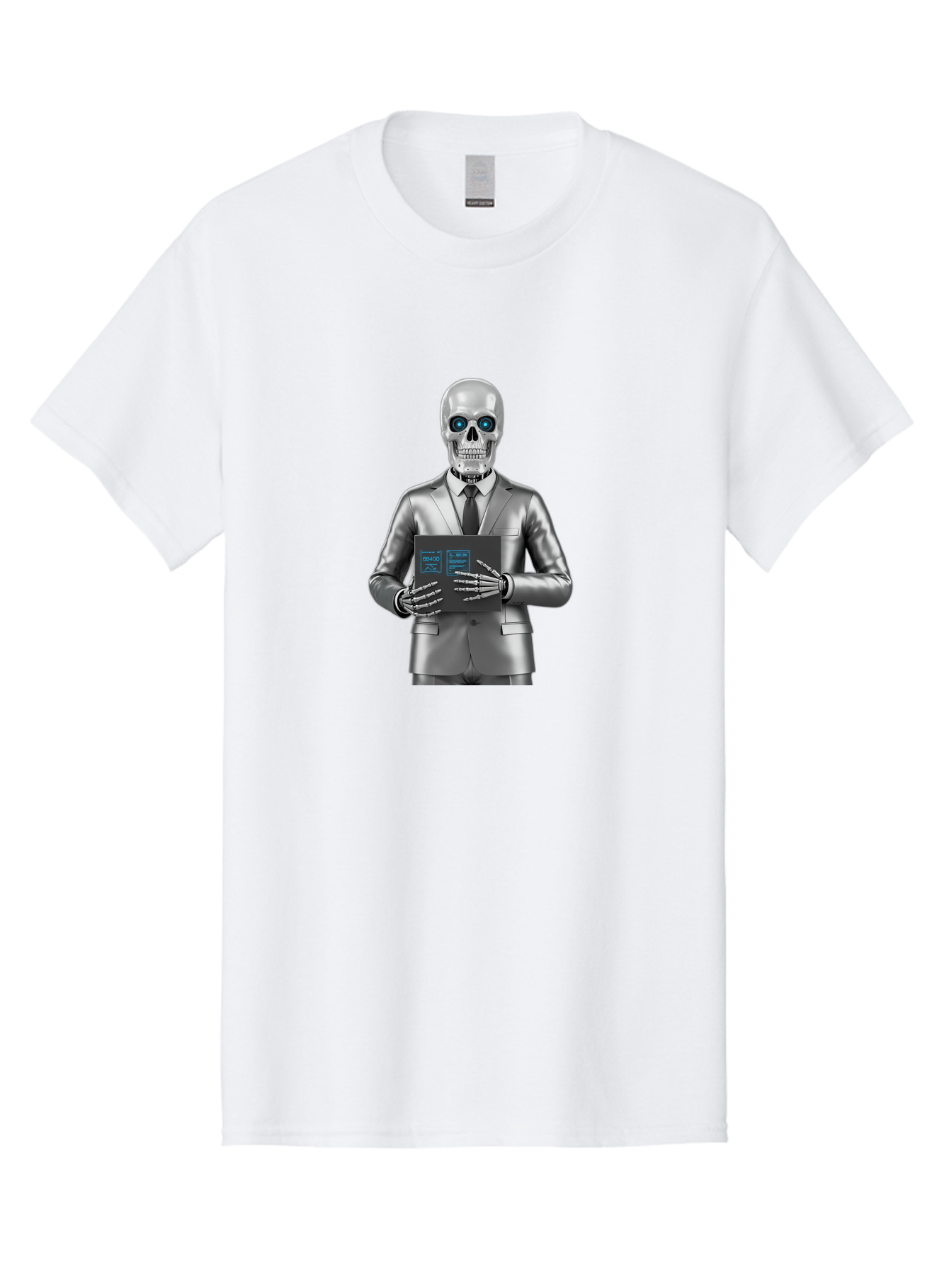 Silver-Skeleton Men'S Graphic Tee, 100% Cotton, Comfortable Casual Summer Wear, Machine Washable, Silver Skeleton In Suit, Futuristic Business Attire, Skeletal Businessman, Chrome Finish, Blue Glowing Eyes, Black Tie, Black Tech Tablet, Bad566