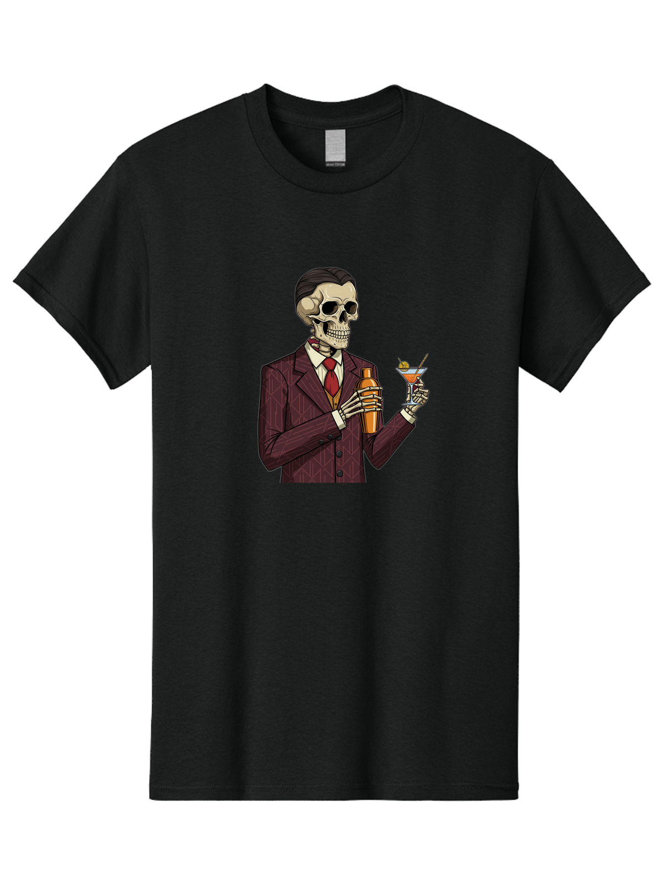 Skeleton-Bartender Men'S Graphic Tee, 100% Cotton, Comfortable Casual Summer Wear, Machine Washable, Skeleton Bartender, Cocktail Shaker, Martini Glass, Red Tie, Maroon Suit, Orange Cocktail, Cocktail Bar, Barware, Mixology Bad568