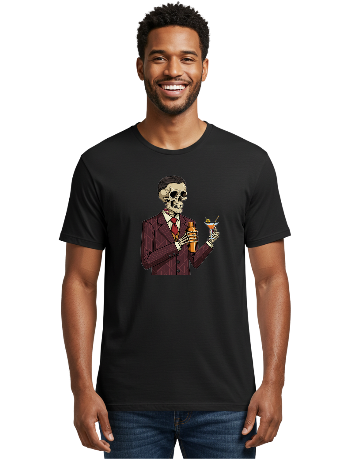 Skeleton-Bartender Men'S Graphic Tee, 100% Cotton, Comfortable Casual Summer Wear, Machine Washable, Skeleton Bartender, Cocktail Shaker, Martini Glass, Red Tie, Maroon Suit, Orange Cocktail, Cocktail Bar, Barware, Mixology Bad568