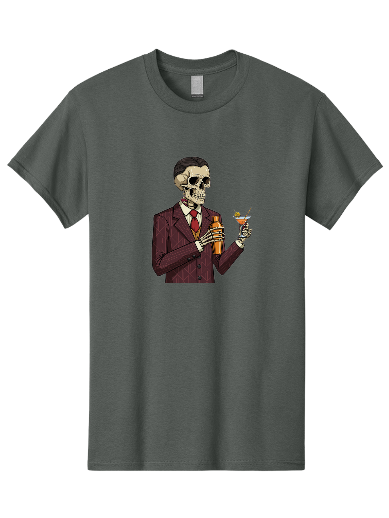 Skeleton-Bartender Men'S Graphic Tee, 100% Cotton, Comfortable Casual Summer Wear, Machine Washable, Skeleton Bartender, Cocktail Shaker, Martini Glass, Red Tie, Maroon Suit, Orange Cocktail, Cocktail Bar, Barware, Mixology Bad568