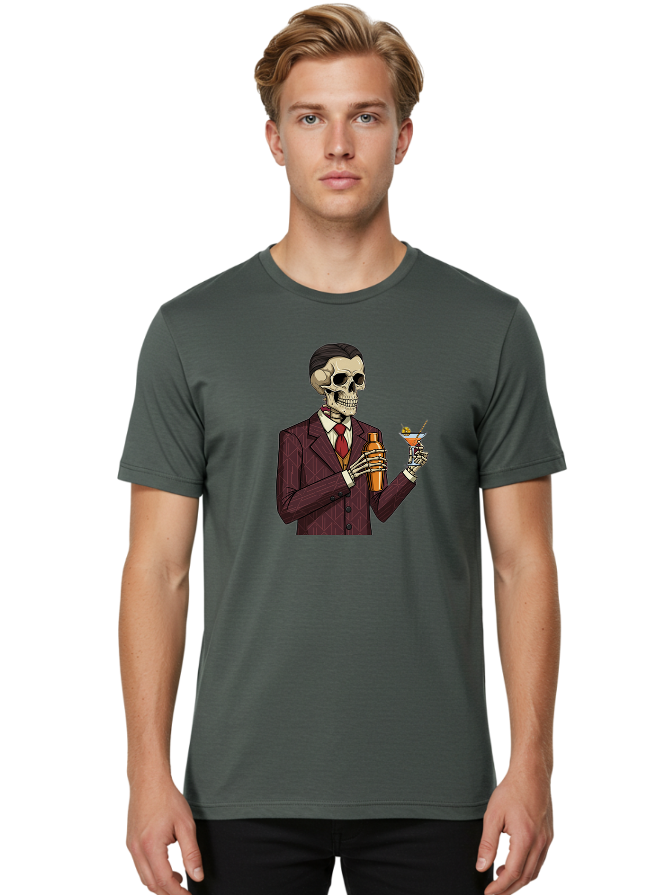 Skeleton-Bartender Men'S Graphic Tee, 100% Cotton, Comfortable Casual Summer Wear, Machine Washable, Skeleton Bartender, Cocktail Shaker, Martini Glass, Red Tie, Maroon Suit, Orange Cocktail, Cocktail Bar, Barware, Mixology Bad568