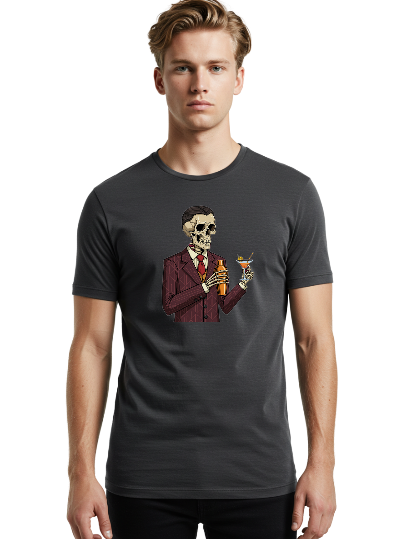 Skeleton-Bartender Men'S Graphic Tee, 100% Cotton, Comfortable Casual Summer Wear, Machine Washable, Skeleton Bartender, Cocktail Shaker, Martini Glass, Red Tie, Maroon Suit, Orange Cocktail, Cocktail Bar, Barware, Mixology Bad568