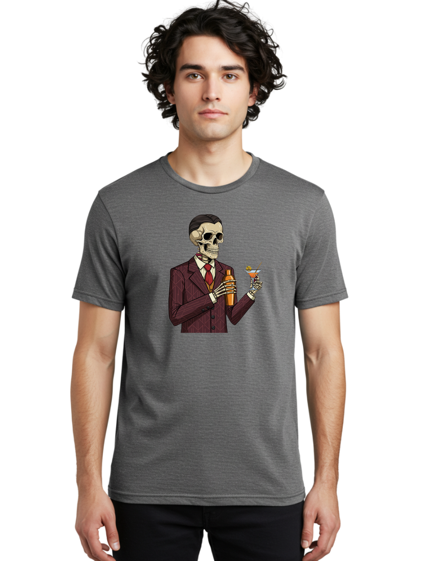 Skeleton-Bartender Men'S Graphic Tee, 100% Cotton, Comfortable Casual Summer Wear, Machine Washable, Skeleton Bartender, Cocktail Shaker, Martini Glass, Red Tie, Maroon Suit, Orange Cocktail, Cocktail Bar, Barware, Mixology Bad568