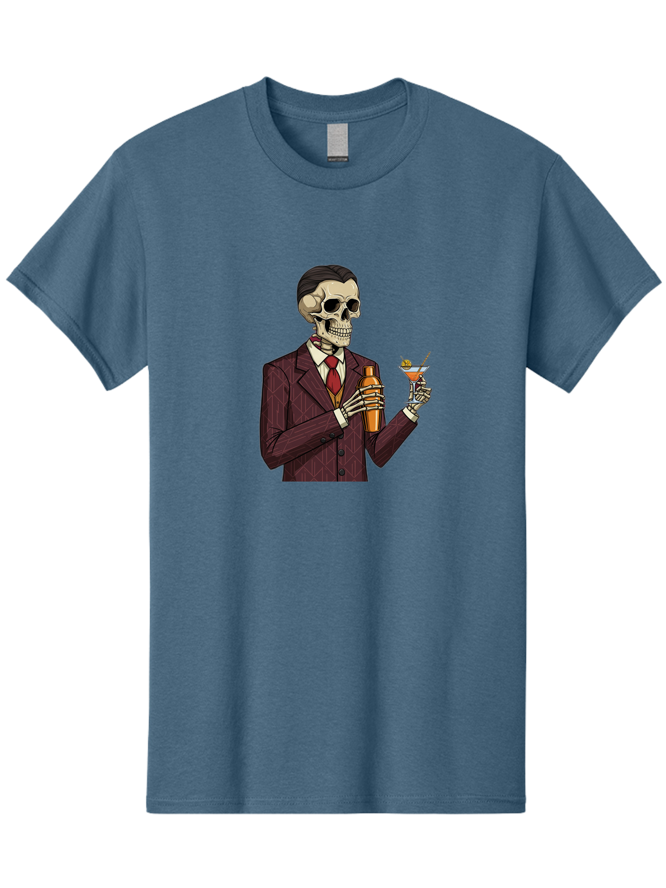 Skeleton-Bartender Men'S Graphic Tee, 100% Cotton, Comfortable Casual Summer Wear, Machine Washable, Skeleton Bartender, Cocktail Shaker, Martini Glass, Red Tie, Maroon Suit, Orange Cocktail, Cocktail Bar, Barware, Mixology Bad568