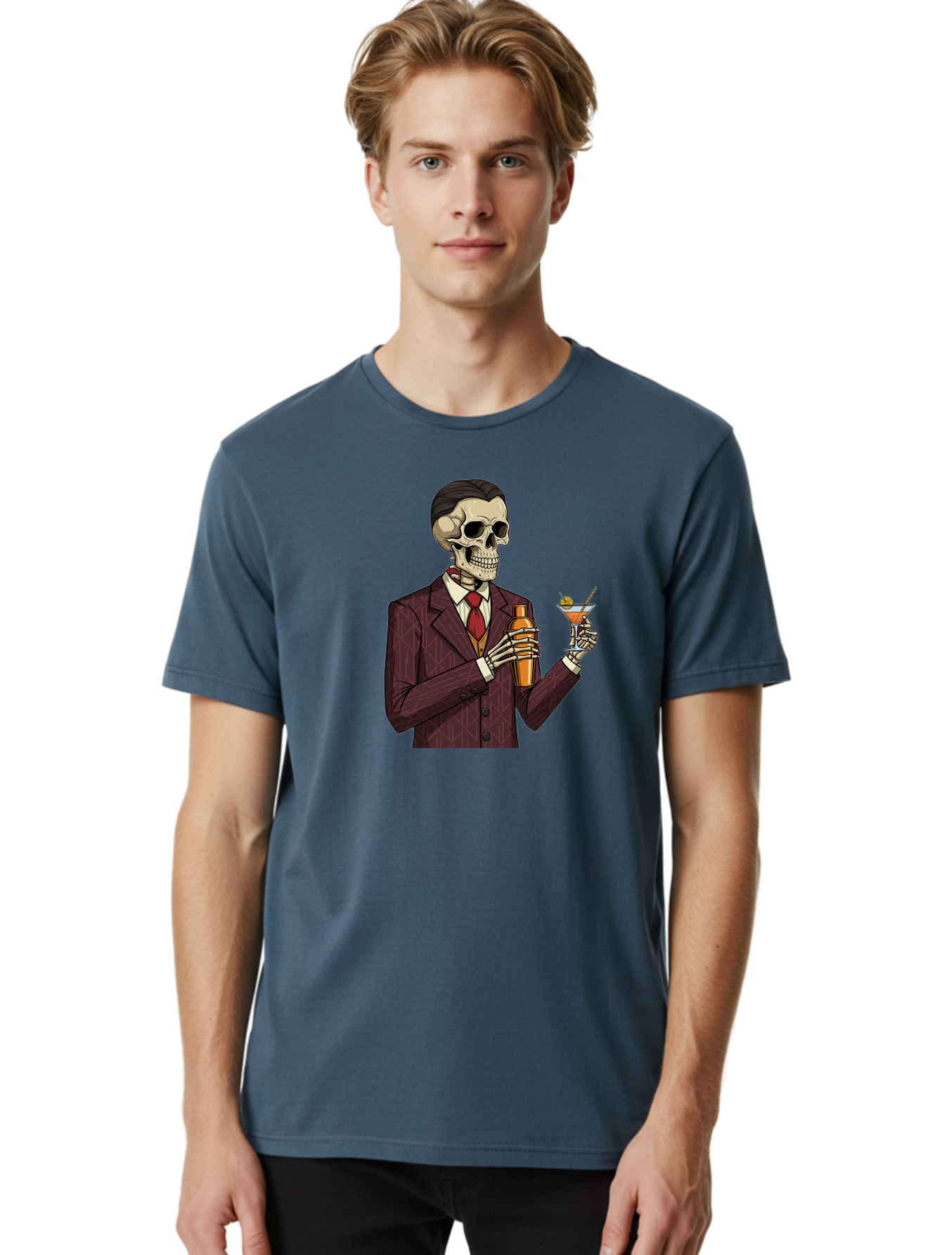 Skeleton-Bartender Men'S Graphic Tee, 100% Cotton, Comfortable Casual Summer Wear, Machine Washable, Skeleton Bartender, Cocktail Shaker, Martini Glass, Red Tie, Maroon Suit, Orange Cocktail, Cocktail Bar, Barware, Mixology Bad568