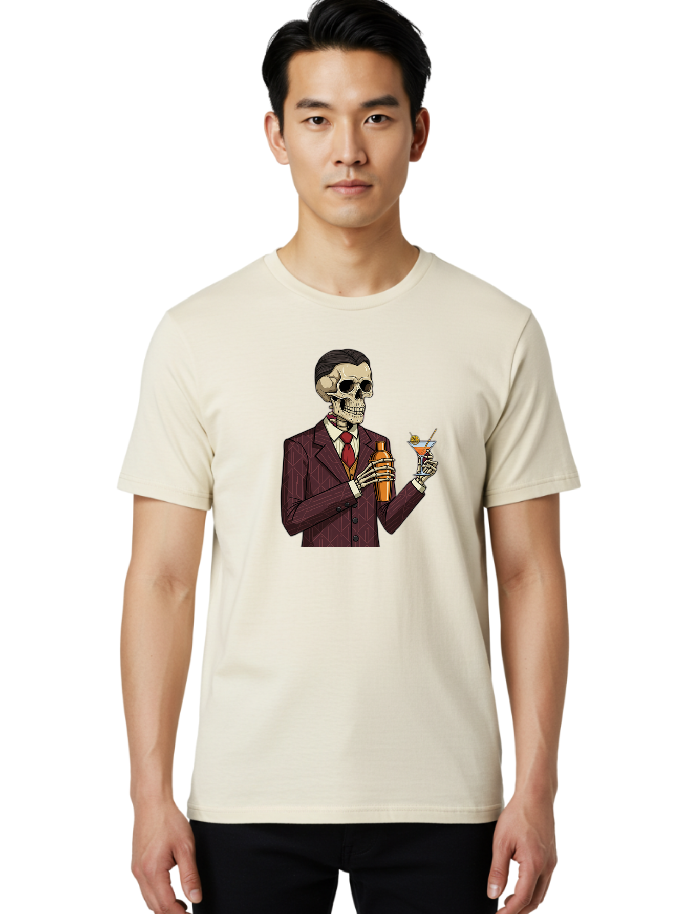 Skeleton-Bartender Men'S Graphic Tee, 100% Cotton, Comfortable Casual Summer Wear, Machine Washable, Skeleton Bartender, Cocktail Shaker, Martini Glass, Red Tie, Maroon Suit, Orange Cocktail, Cocktail Bar, Barware, Mixology Bad568