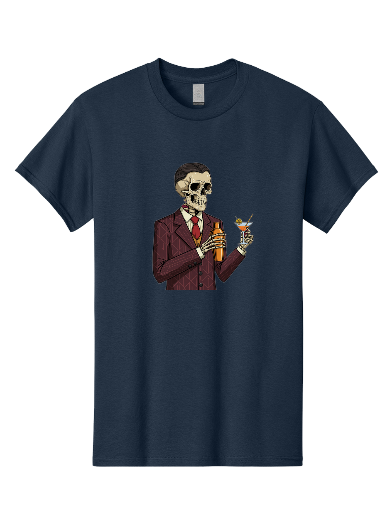 Skeleton-Bartender Men'S Graphic Tee, 100% Cotton, Comfortable Casual Summer Wear, Machine Washable, Skeleton Bartender, Cocktail Shaker, Martini Glass, Red Tie, Maroon Suit, Orange Cocktail, Cocktail Bar, Barware, Mixology Bad568