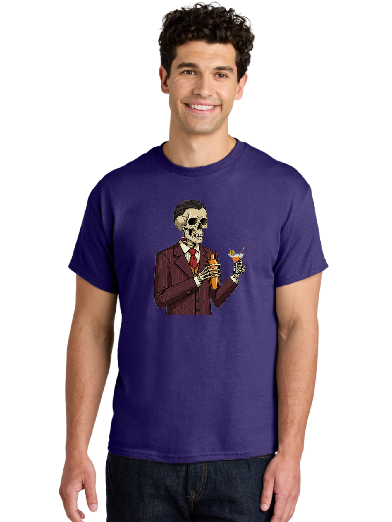 Skeleton-Bartender Men'S Graphic Tee, 100% Cotton, Comfortable Casual Summer Wear, Machine Washable, Skeleton Bartender, Cocktail Shaker, Martini Glass, Red Tie, Maroon Suit, Orange Cocktail, Cocktail Bar, Barware, Mixology Bad568